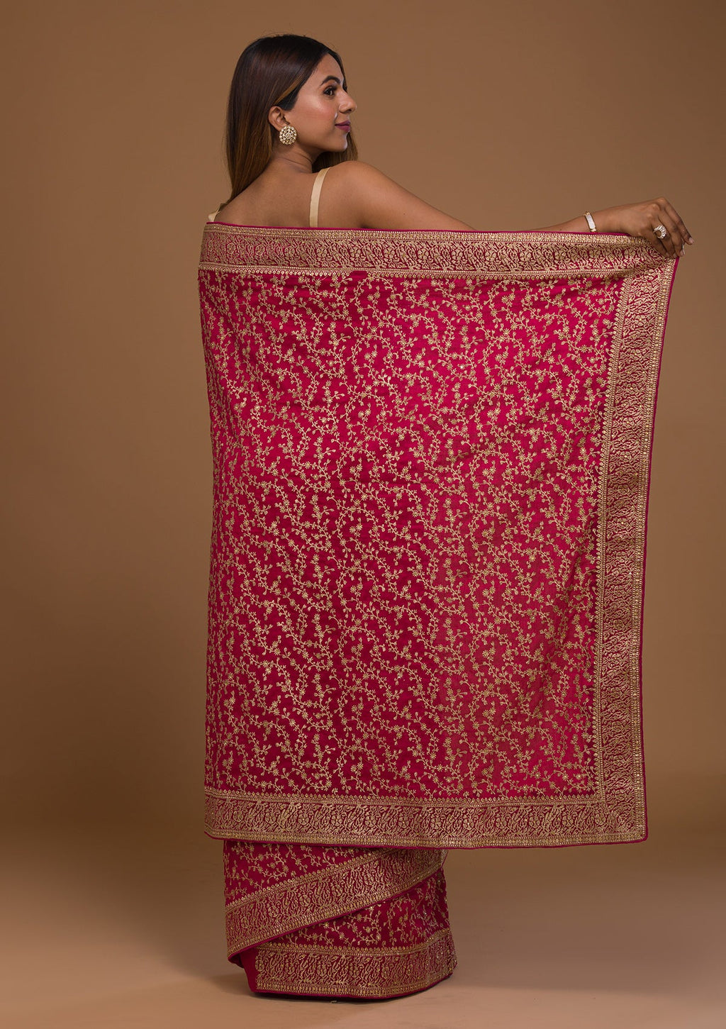 Rani Pink Zariwork Georgette Designer Saree