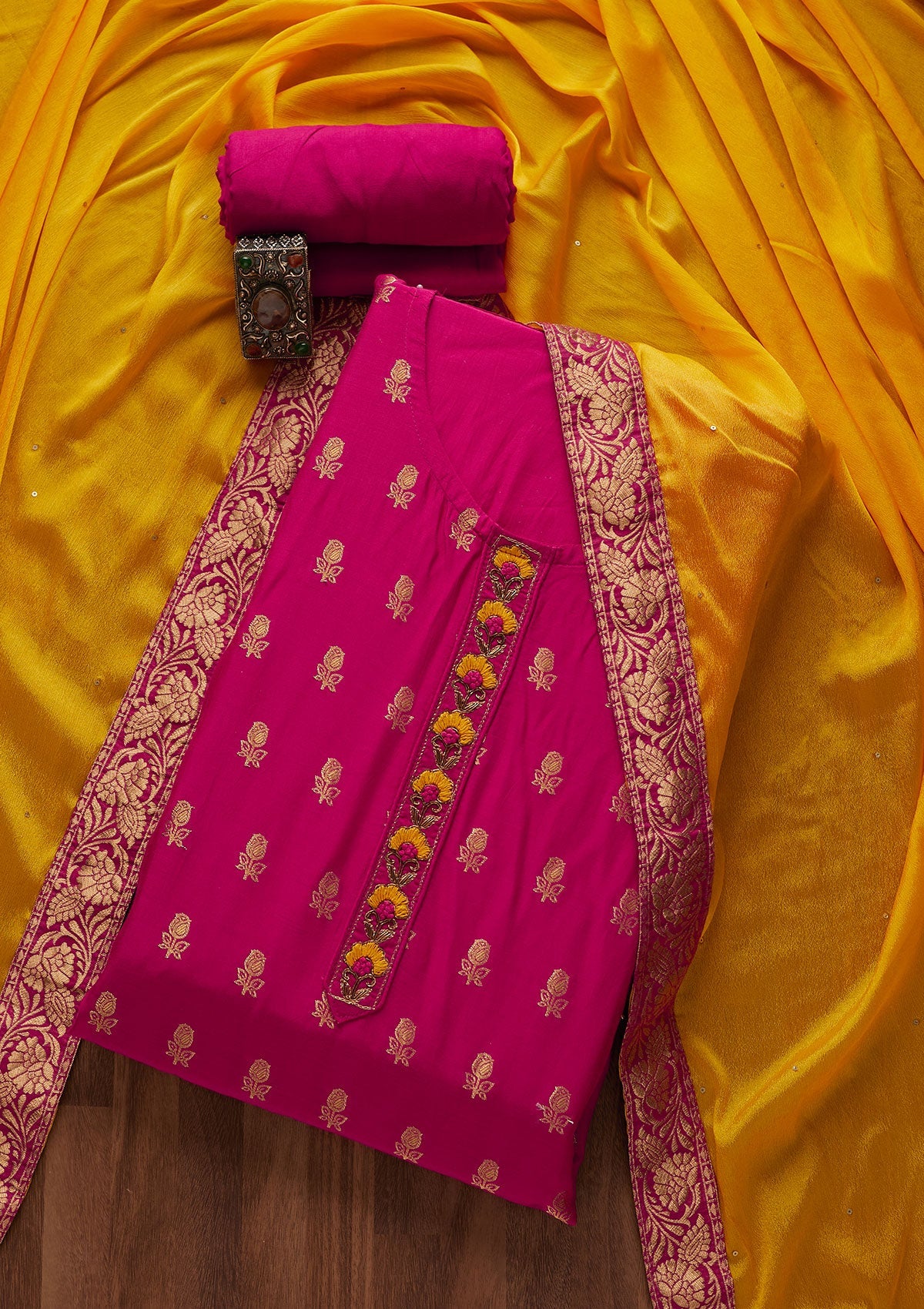Rani Pink Zariwork Raw Silk Semi-Stitched Salwar Suit
