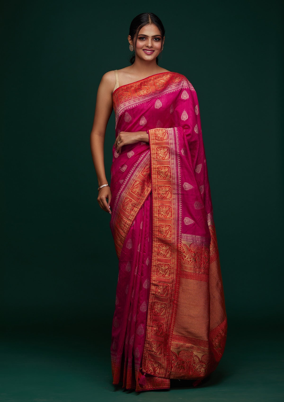 Rani Pink Zariwork Raw Silk Saree