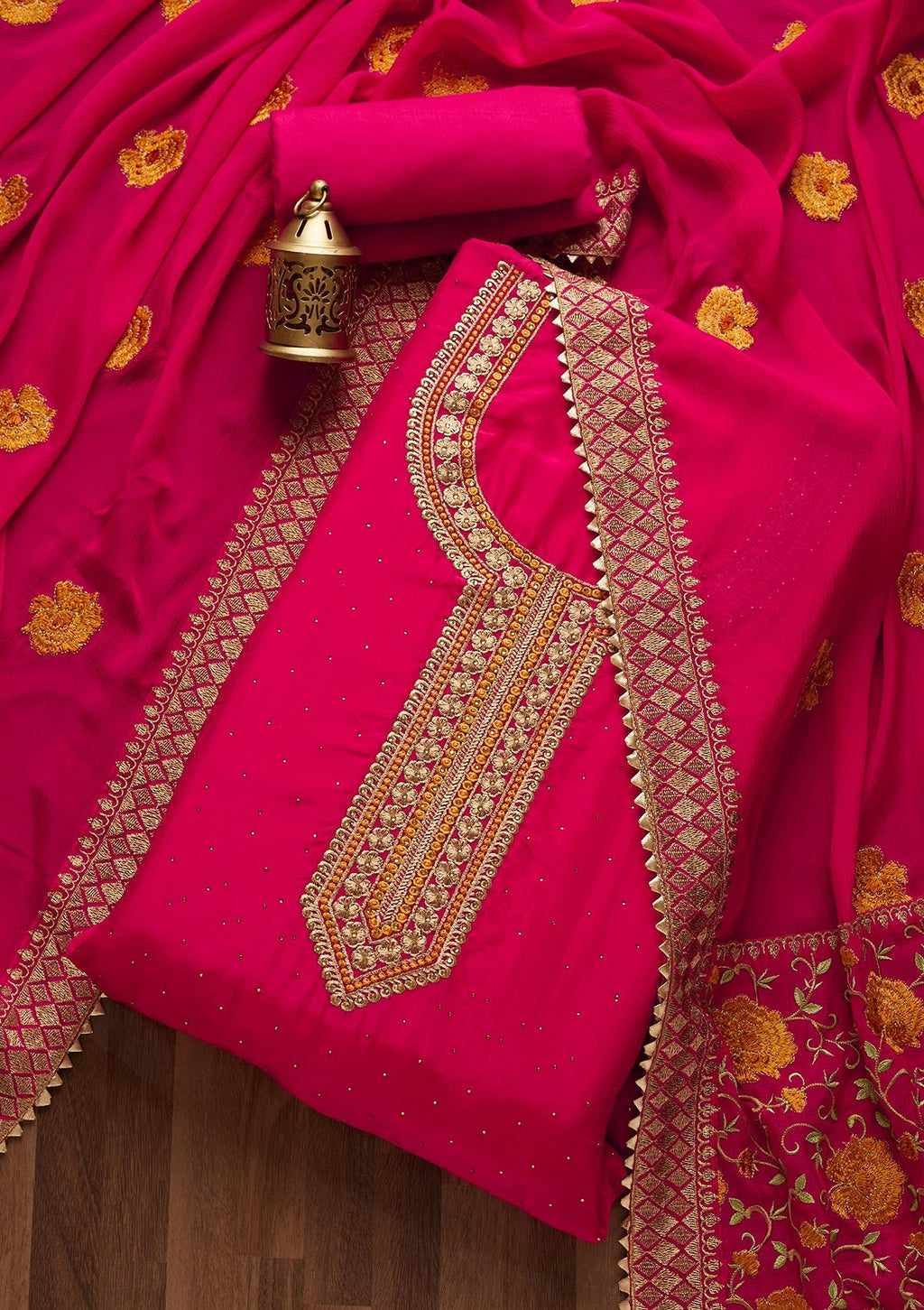 Rani Pink Zariwork Semi Crepe Unstitched Salwar Suit