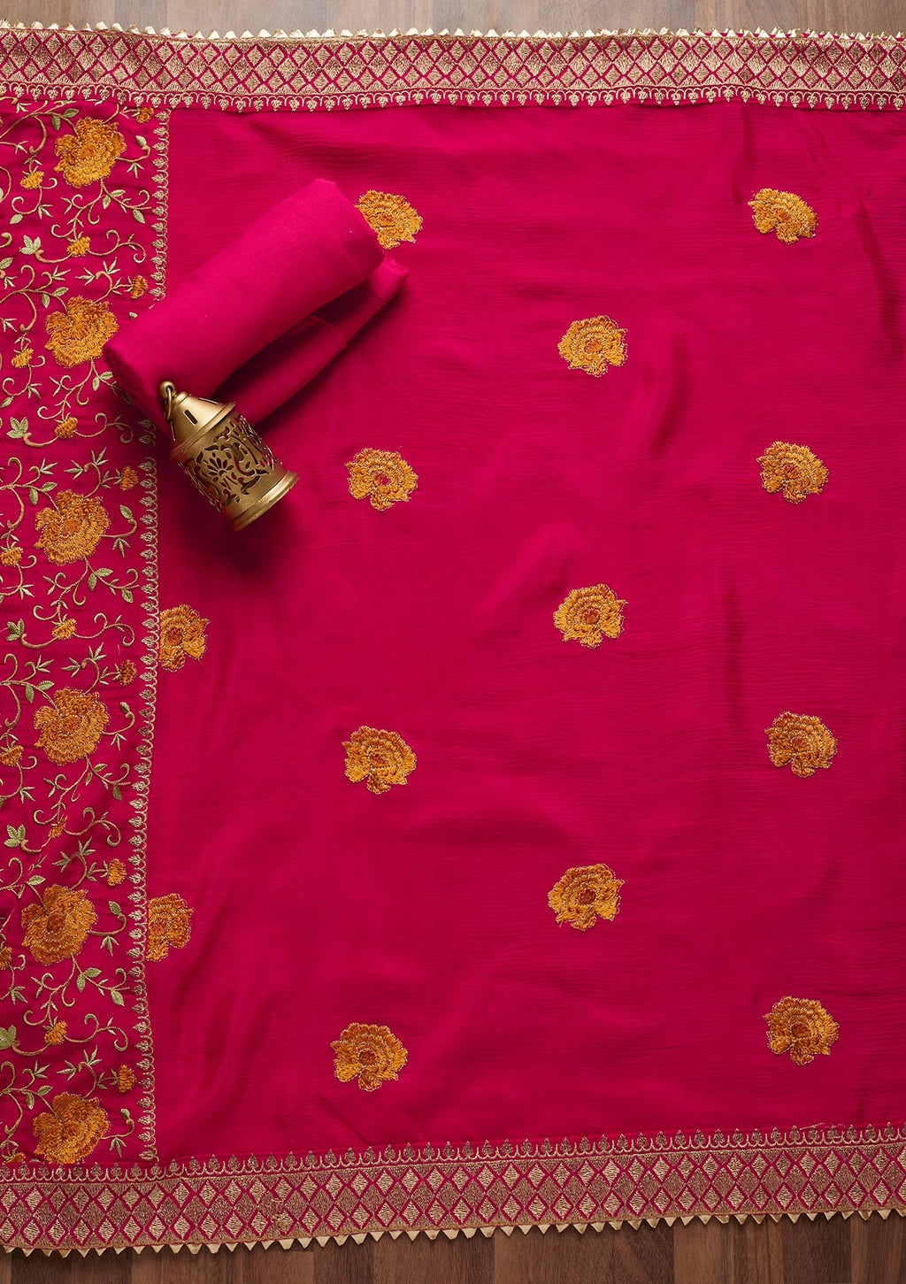 Rani Pink Zariwork Semi Crepe Unstitched Salwar Suit