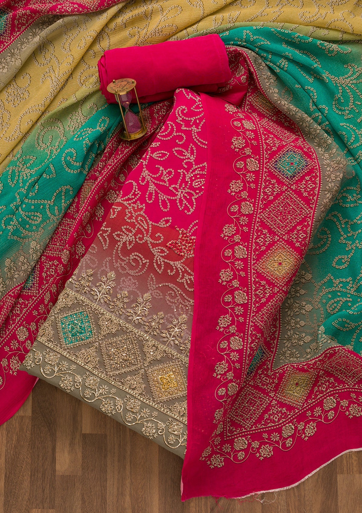 Rani Pink Bandhani Crepe Unstitched Salwar Suit