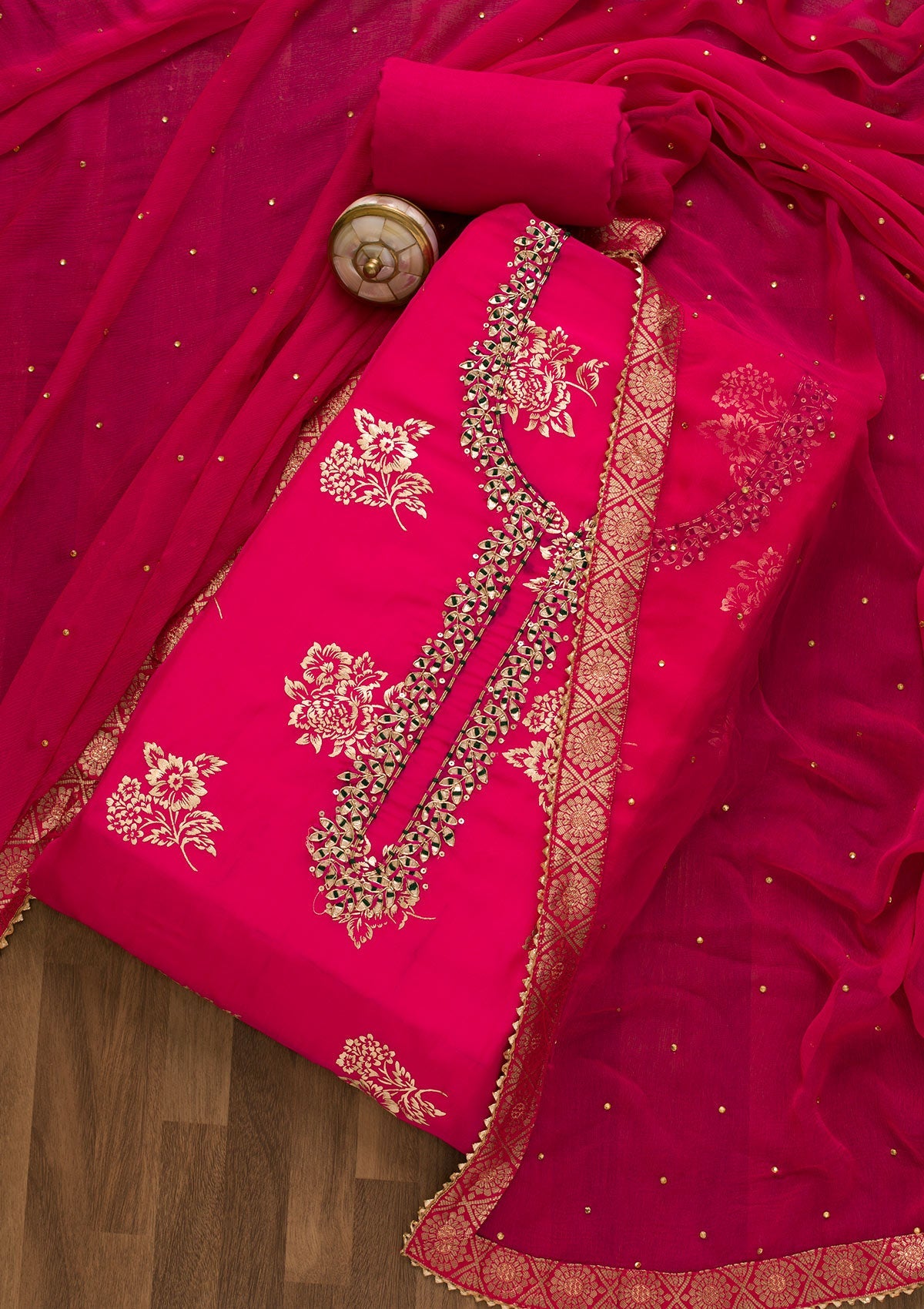 Rani Pink Gotapatti Organza Unstitched Salwar Suit