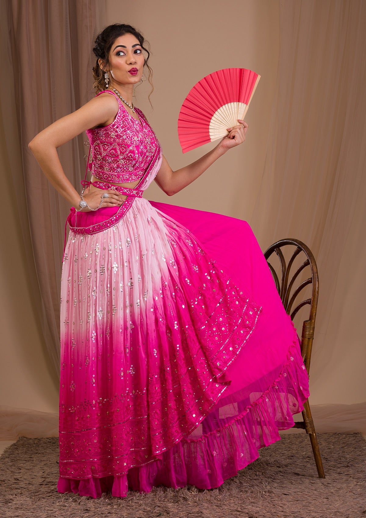 Rani Pink Mirrorwork Georgette Readymade Lehenga