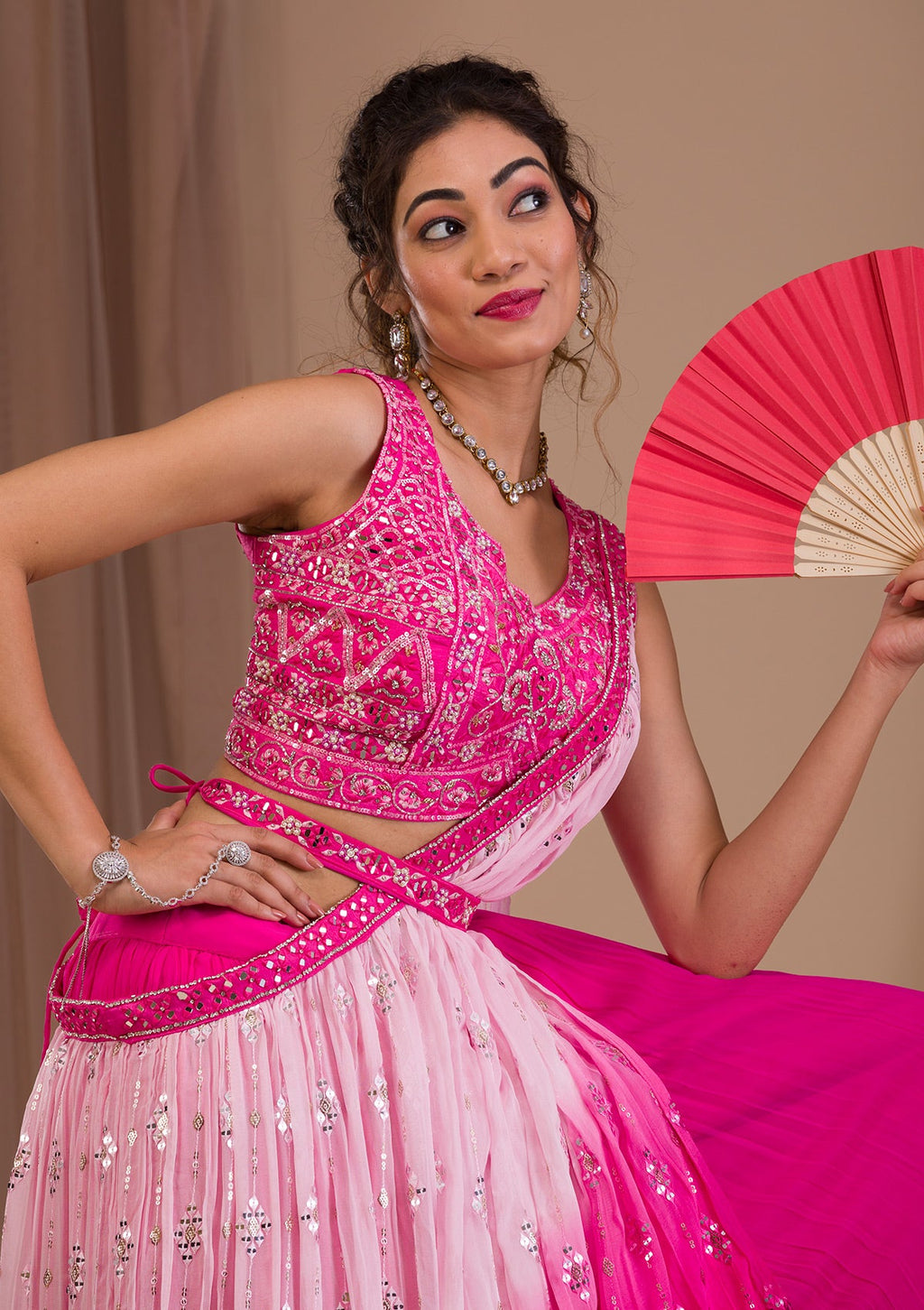 Rani Pink Mirrorwork Georgette Readymade Lehenga