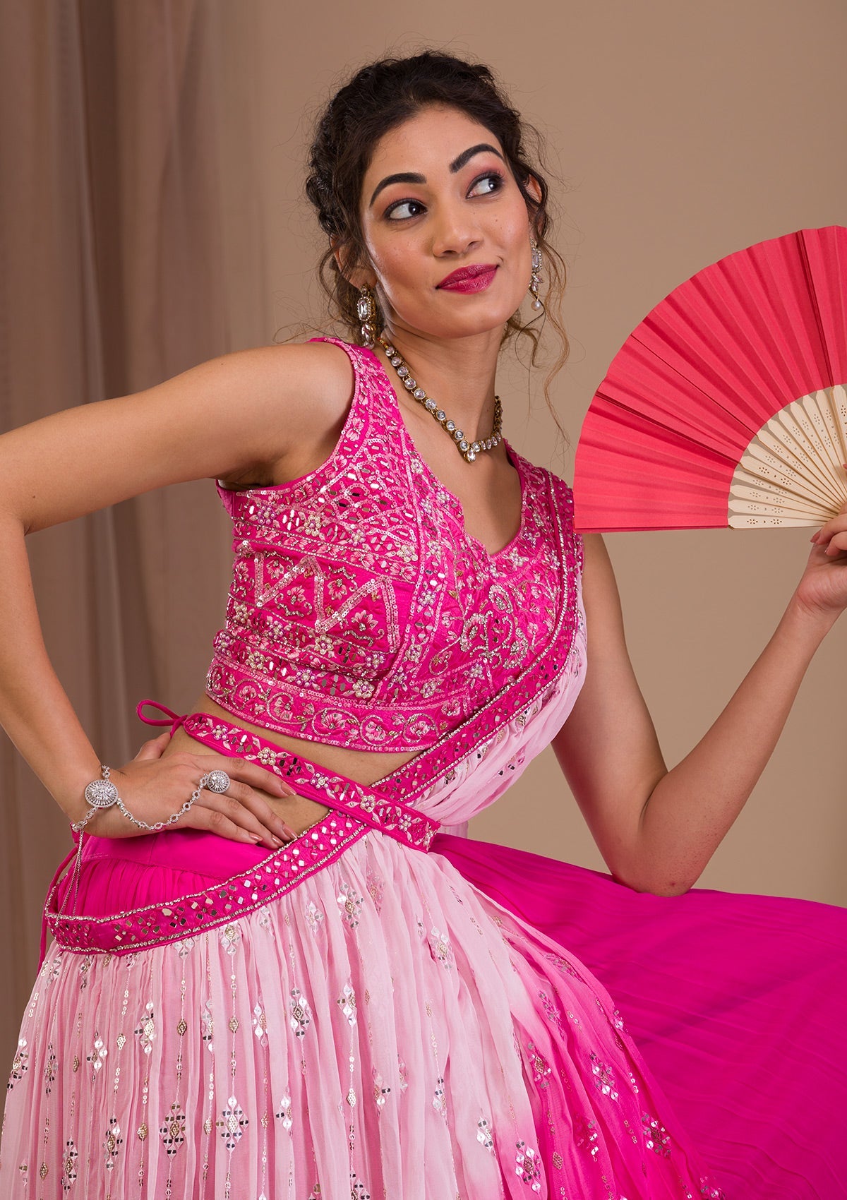 Rani Pink Mirrorwork Georgette Readymade Lehenga