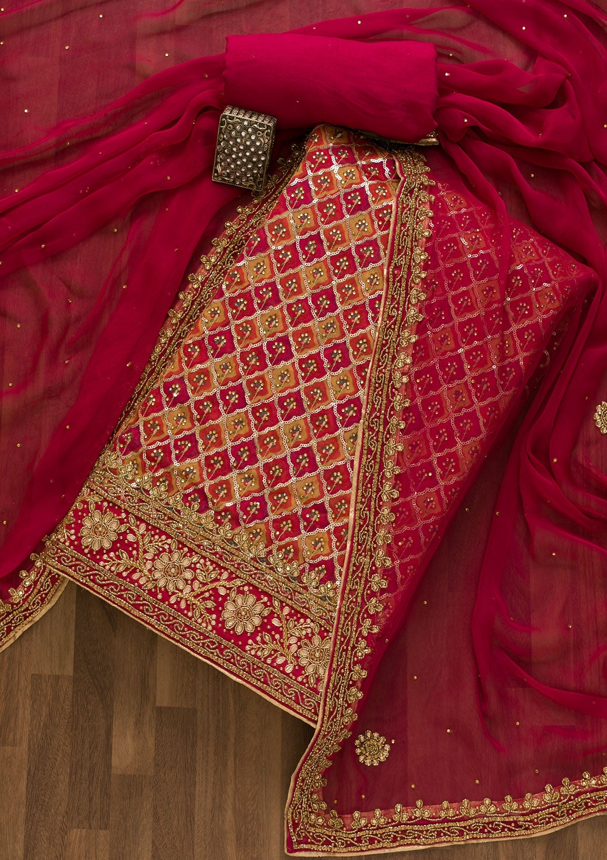 Rani Pink Sequins Semi Crepe Unstitched Salwar Suit