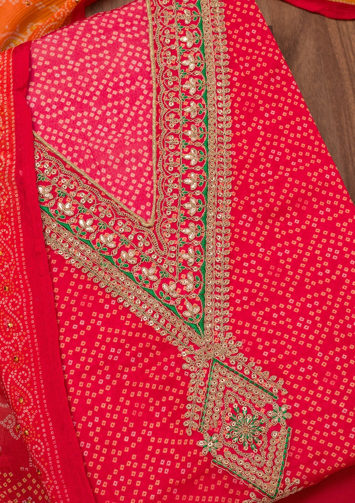 Rani Pink Printed Chiffon Unstitched Salwar Suit