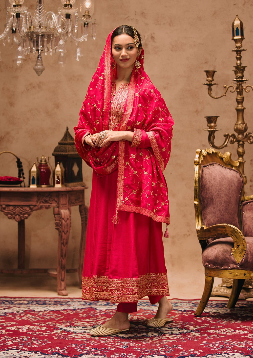 Rani Pink Printed Crepe Readymade Anarkali Suit