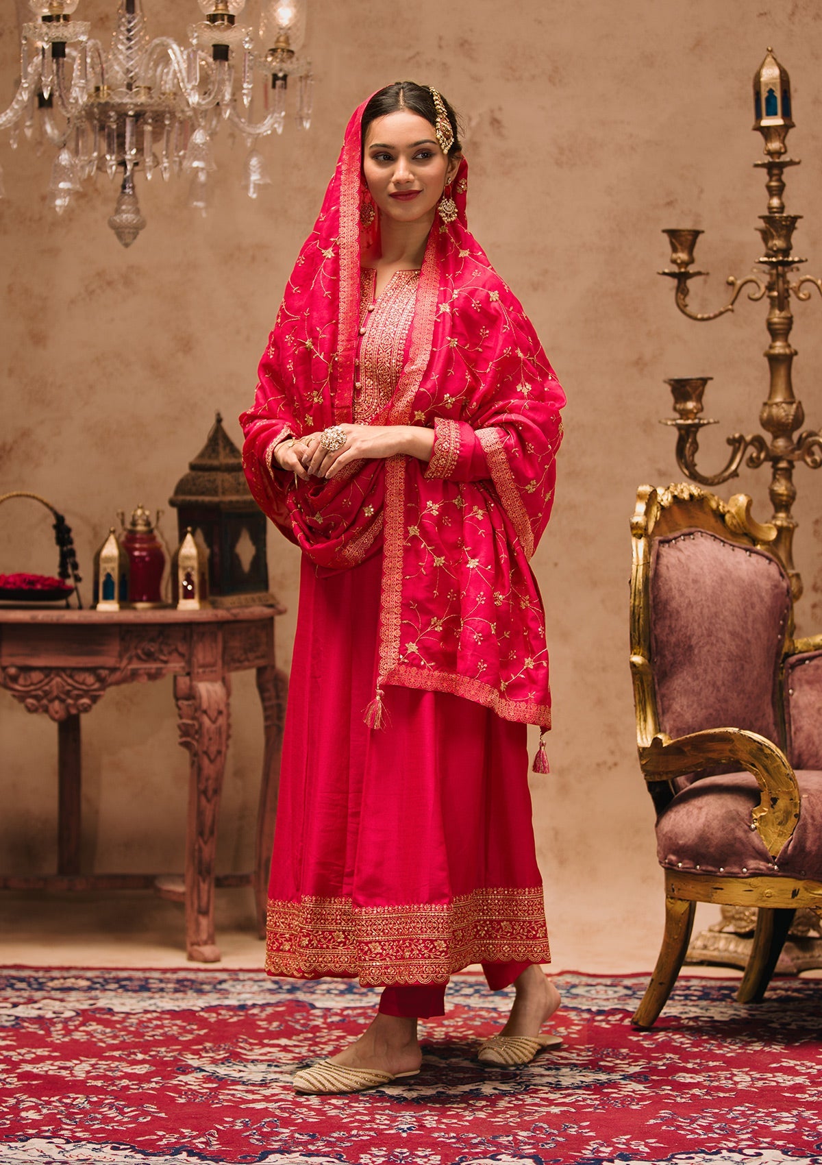 Rani Pink Printed Crepe Readymade Anarkali Suit