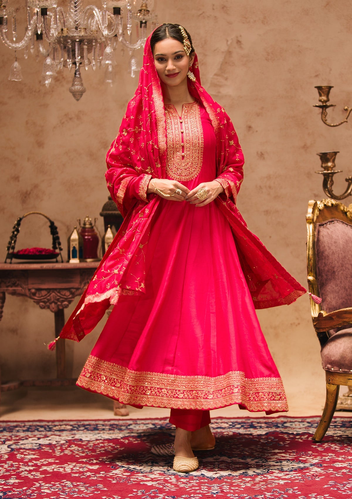 Rani Pink Printed Crepe Readymade Anarkali Suit
