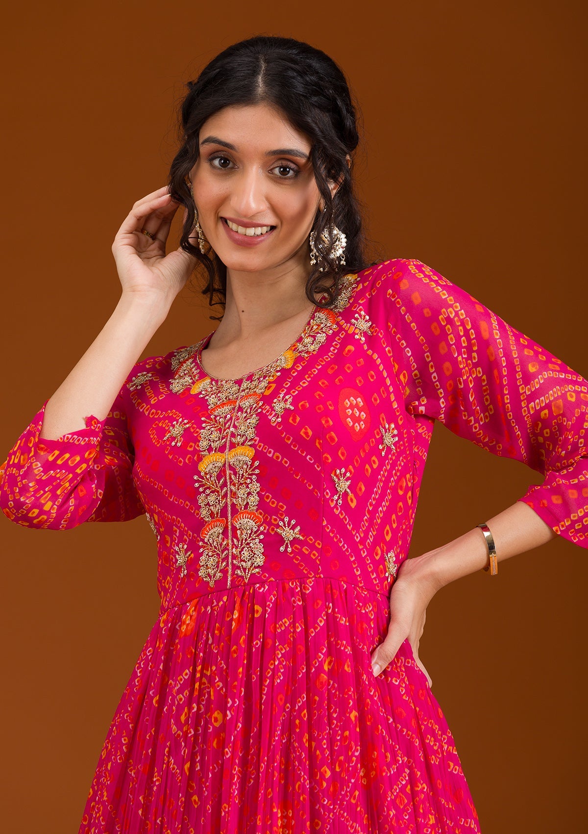 Rani Pink Printed Georgette Readymade Salwar Suit