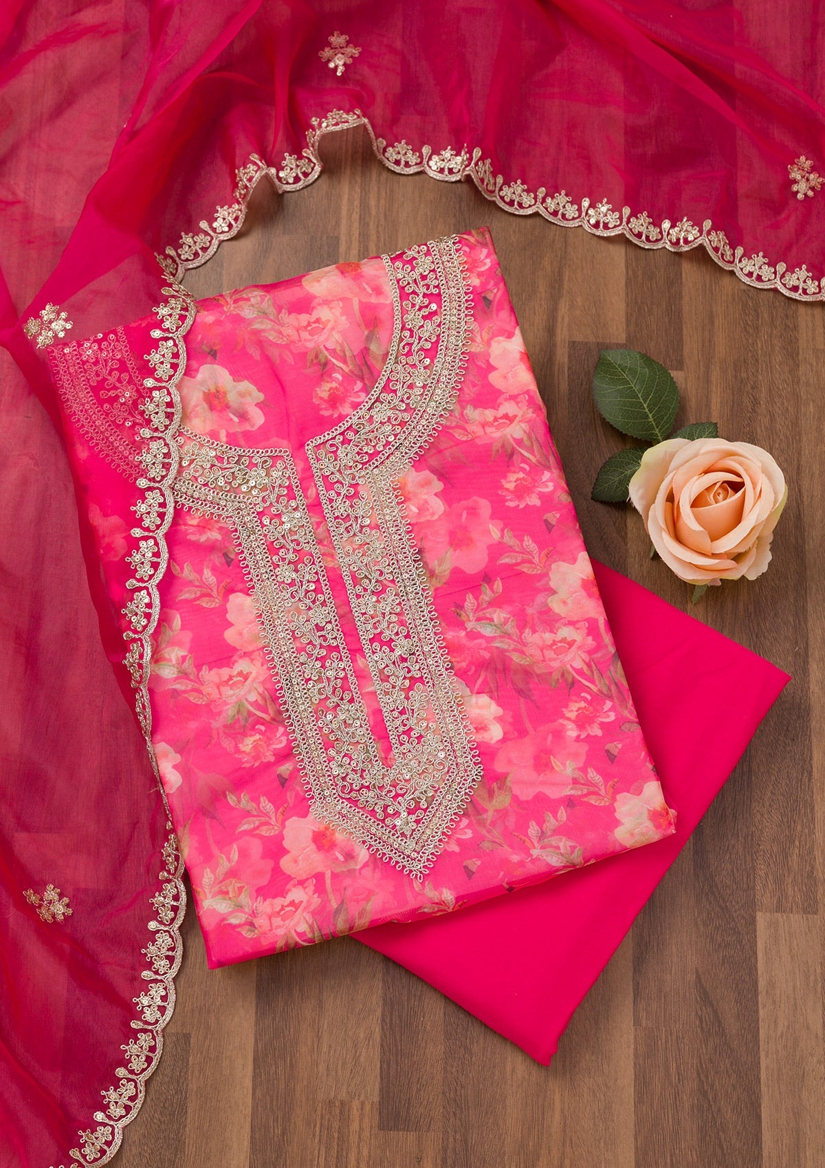 Rani Pink Printed Organza Unstitched Salwar Suit