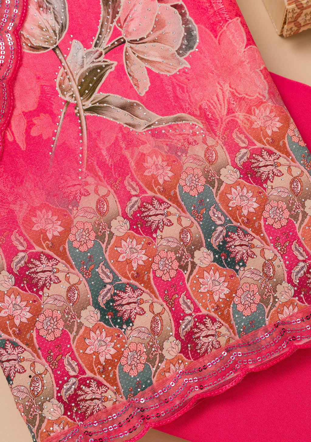 Rani Pink Printed Semi Crepe Unstitched Salwar Suit