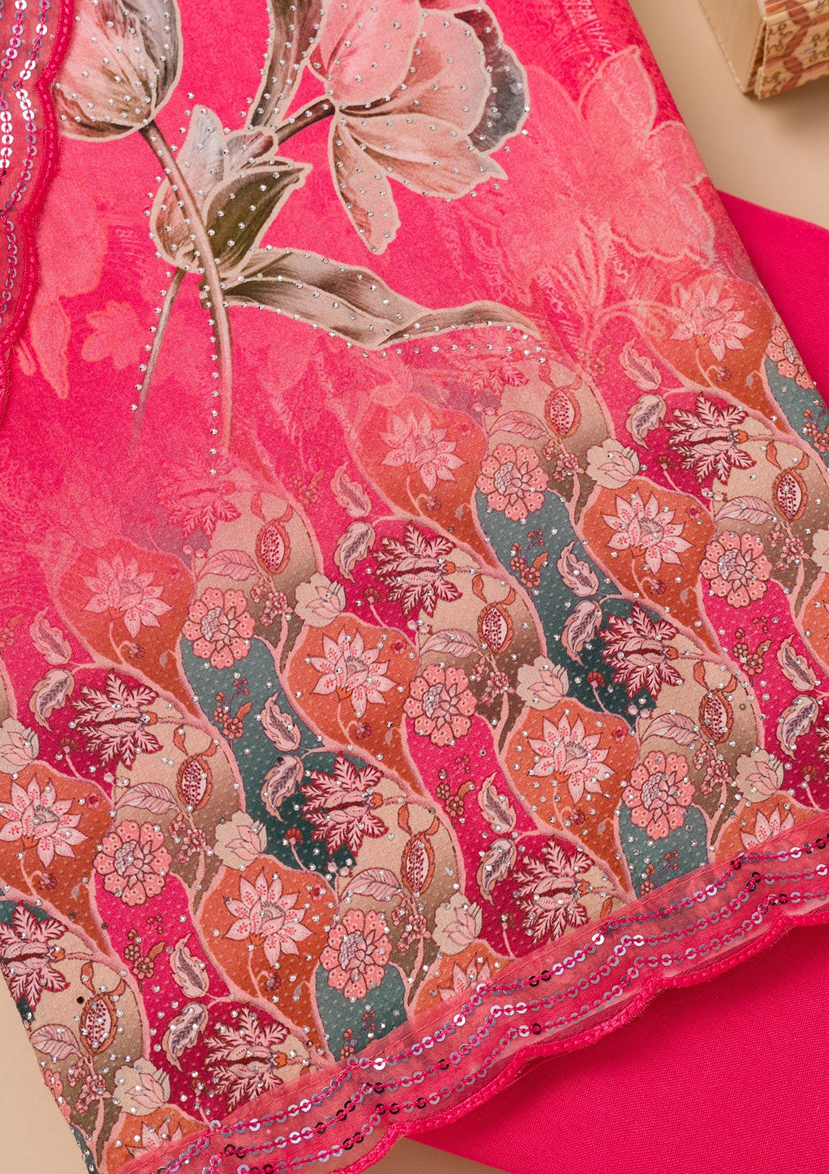Rani Pink Printed Semi Crepe Unstitched Salwar Suit