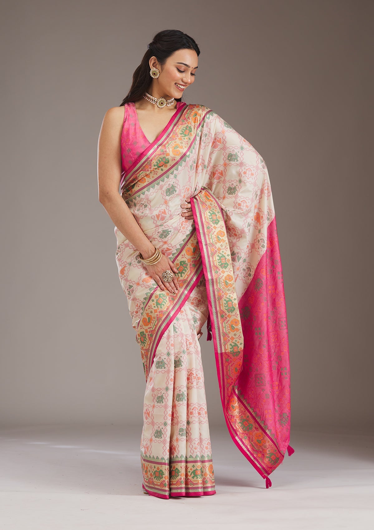 Rani Pink Printed Silk Saree