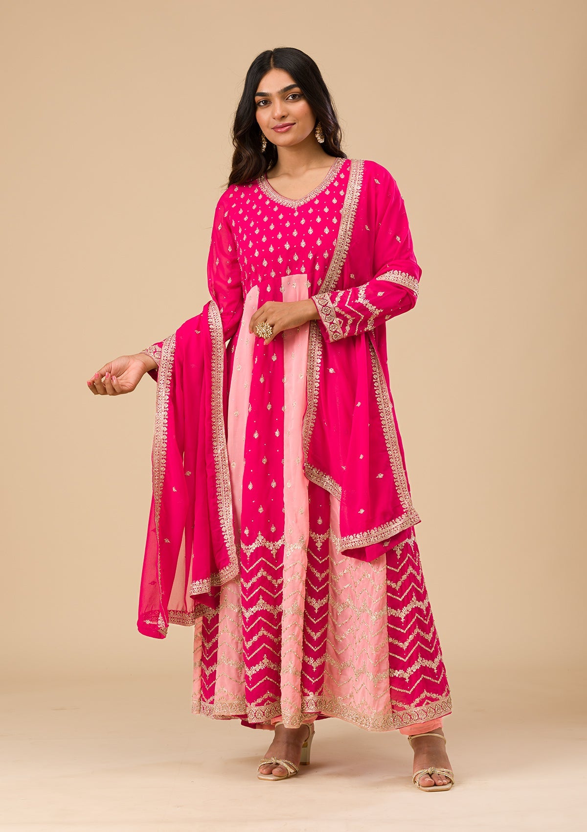 Rani Pink Silver Zariwork Georgette Readymade Salwar Suit