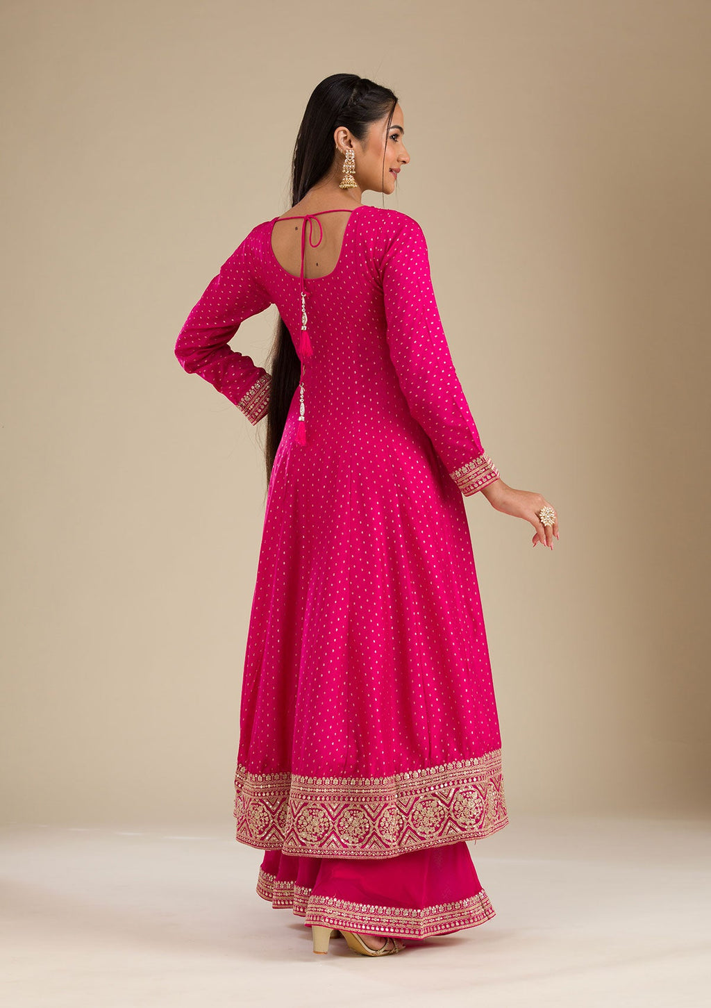 Rani Pink Stonework Semi Crepe Readymade Salwar Suit