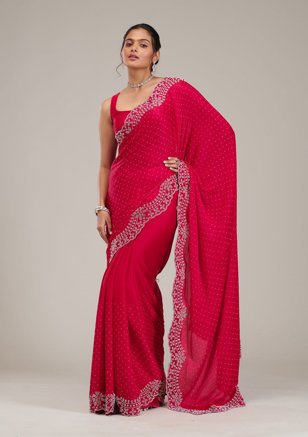 Rani Pink Swarovski Satin Saree