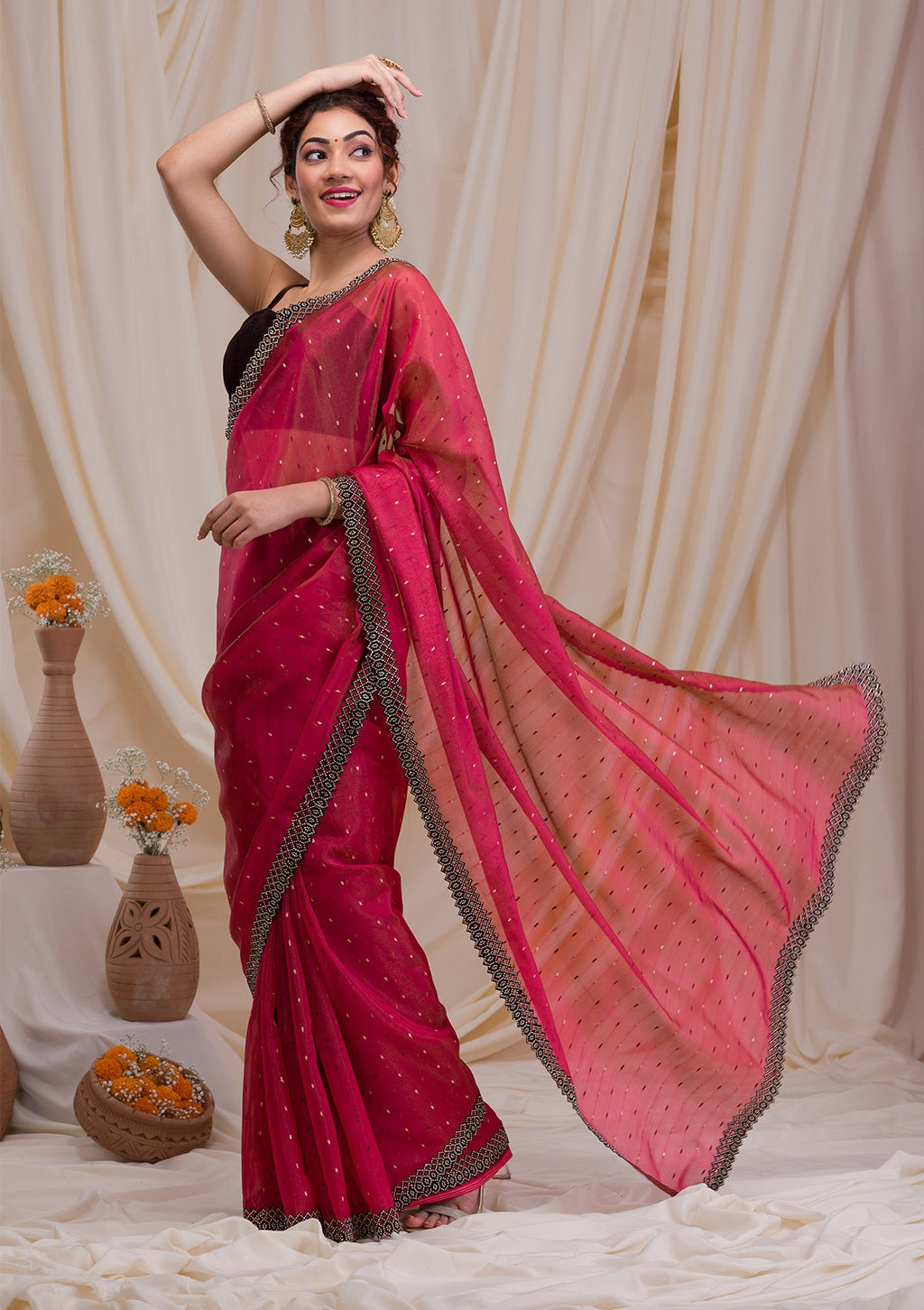 Rani Pink Swarovski Tissue Saree