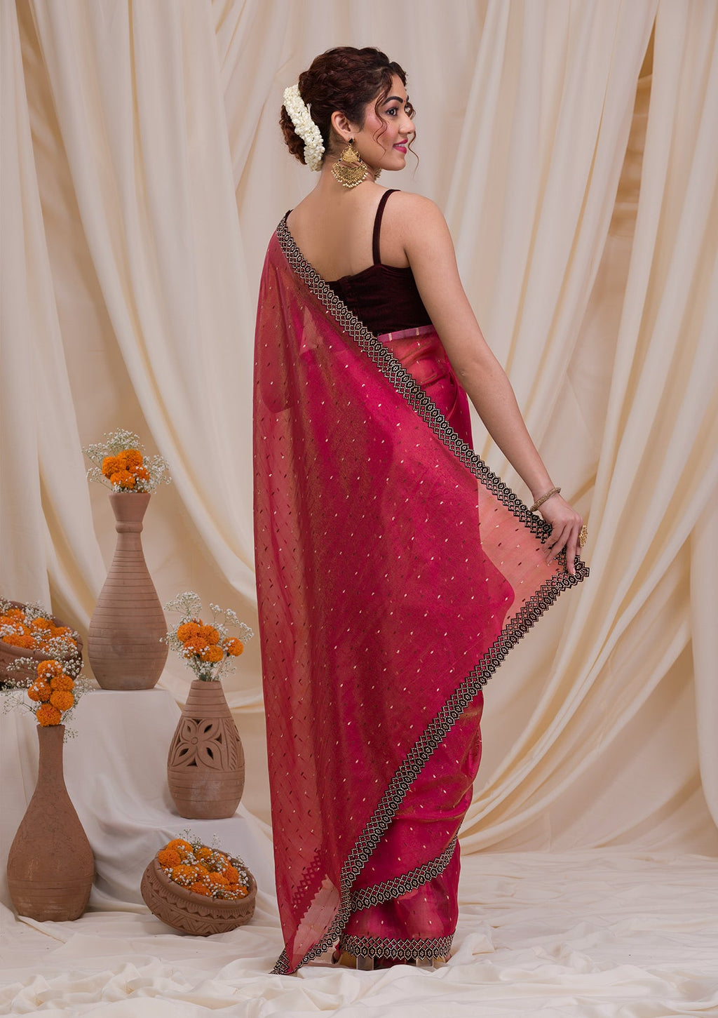 Rani Pink Swarovski Tissue Saree