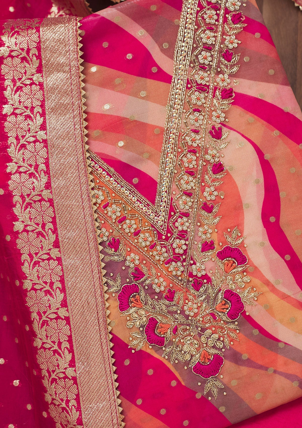 Rani Pink Threadwork Chiffon Unstitched Salwar Suit
