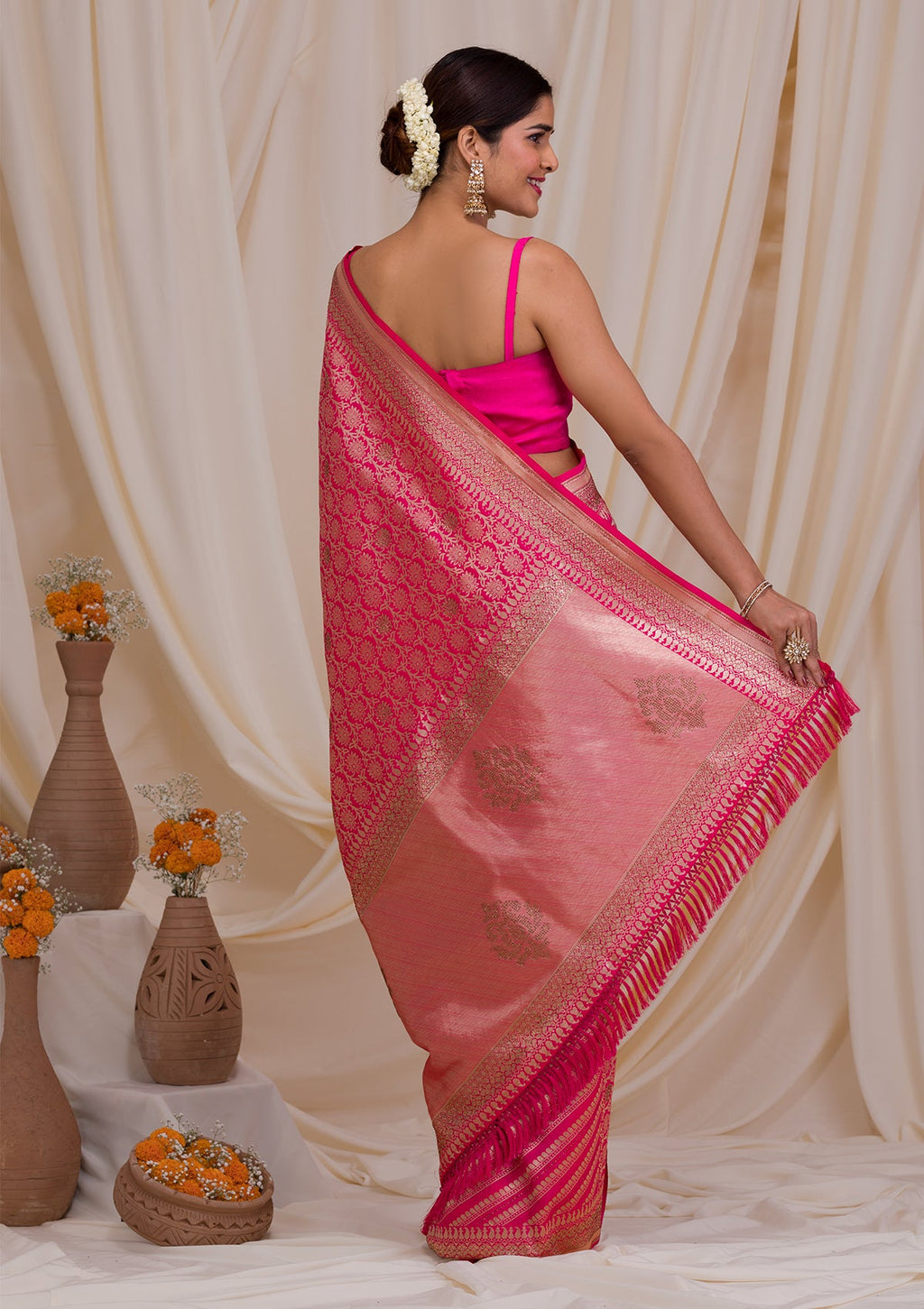 Rani Pink Zariwork Art Silk Saree