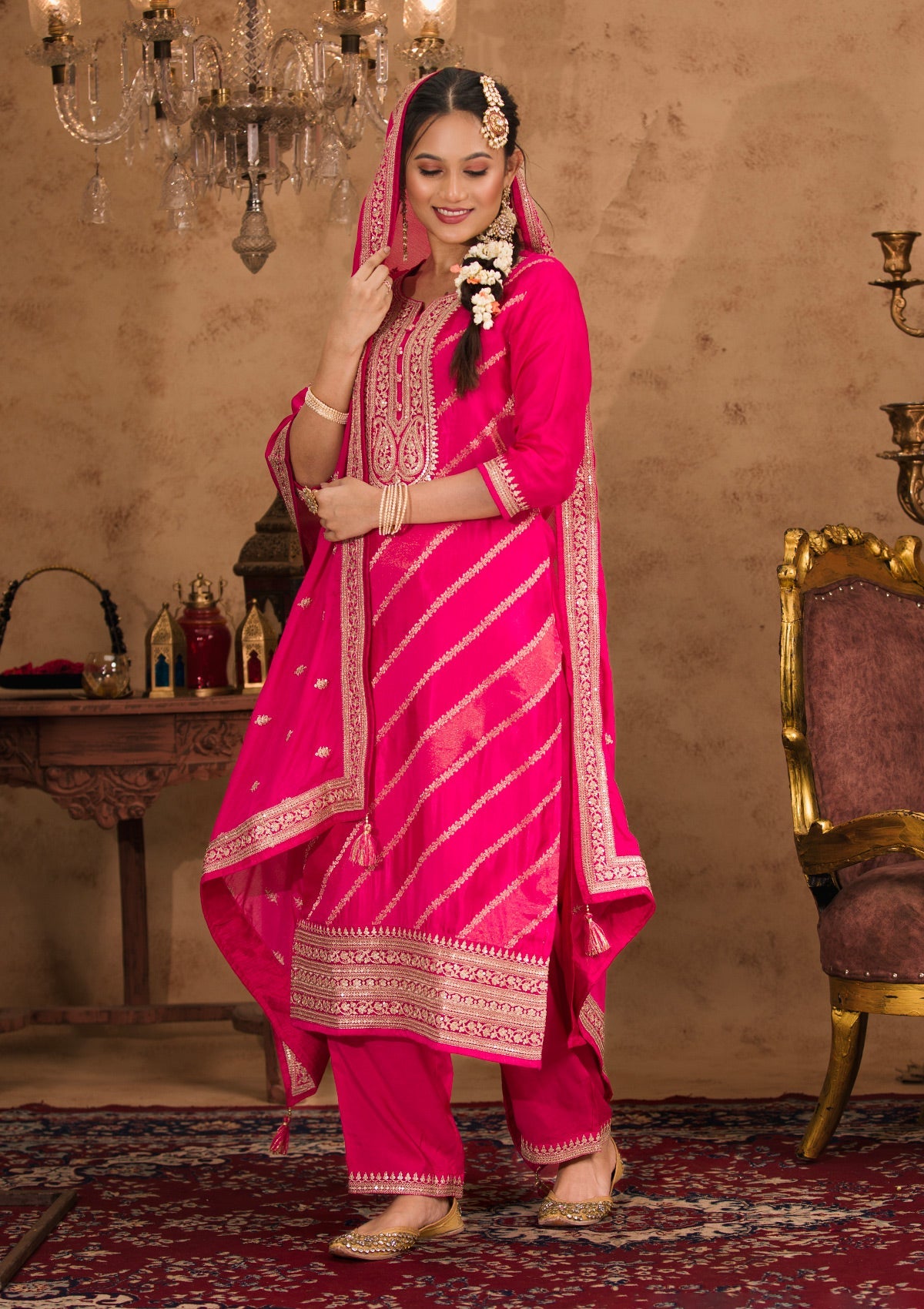 Rani Pink Zariwork Banarasi Readymade Salwar Suit