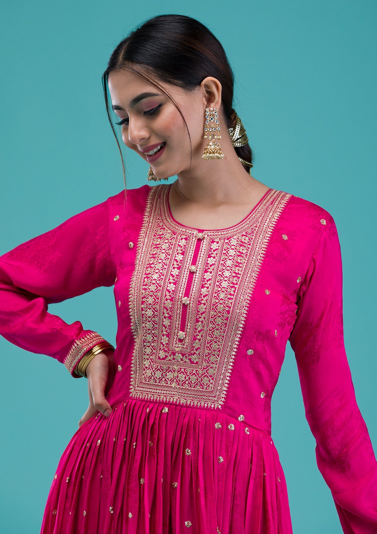 Rani Pink Zariwork Crepe Readymade Anarkali Suit