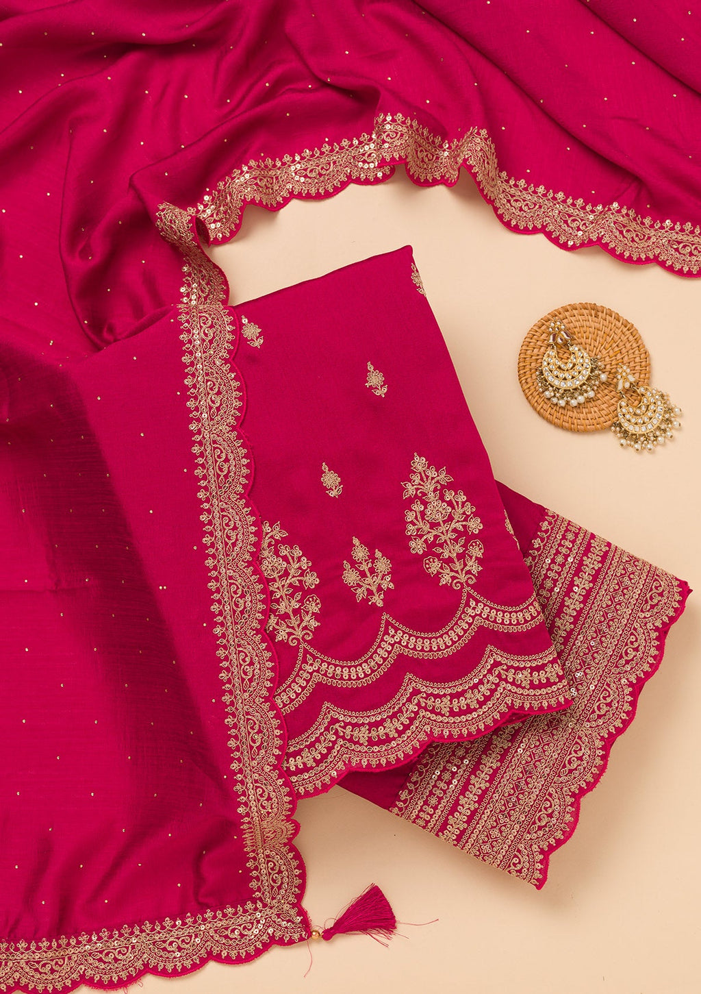 Rani Pink Zariwork Satin Unstitched Salwar Suit