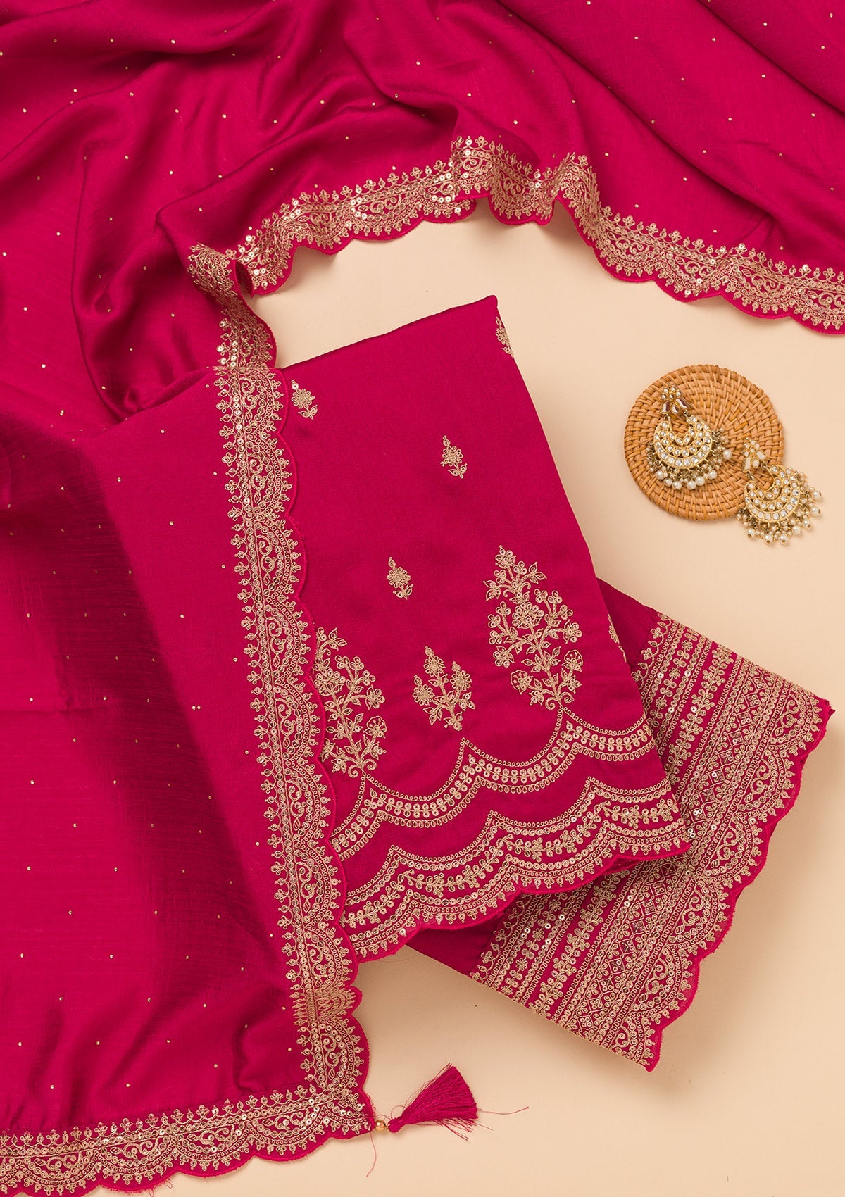 Rani Pink Zariwork Satin Unstitched Salwar Suit