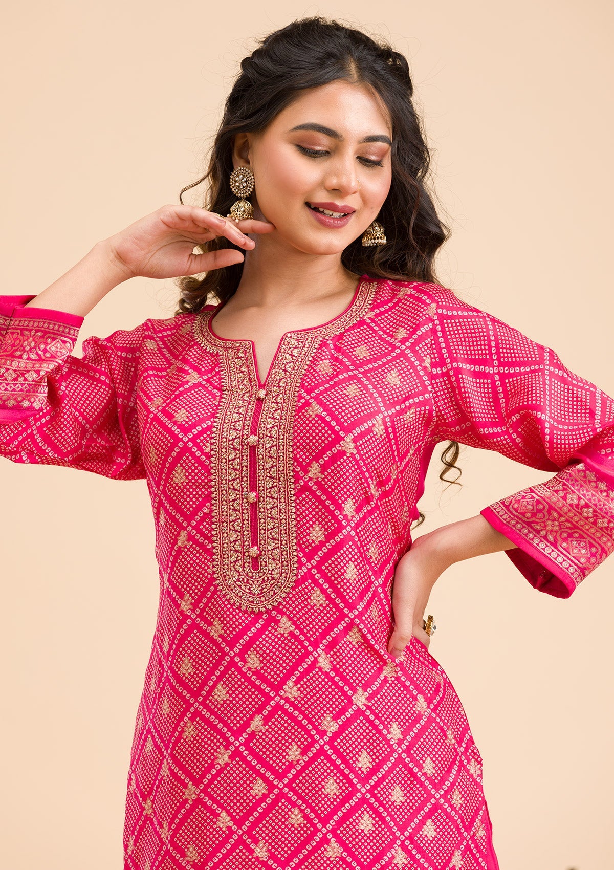 Rani Pink Zariwork Semi Crepe Readymade Salwar Suit