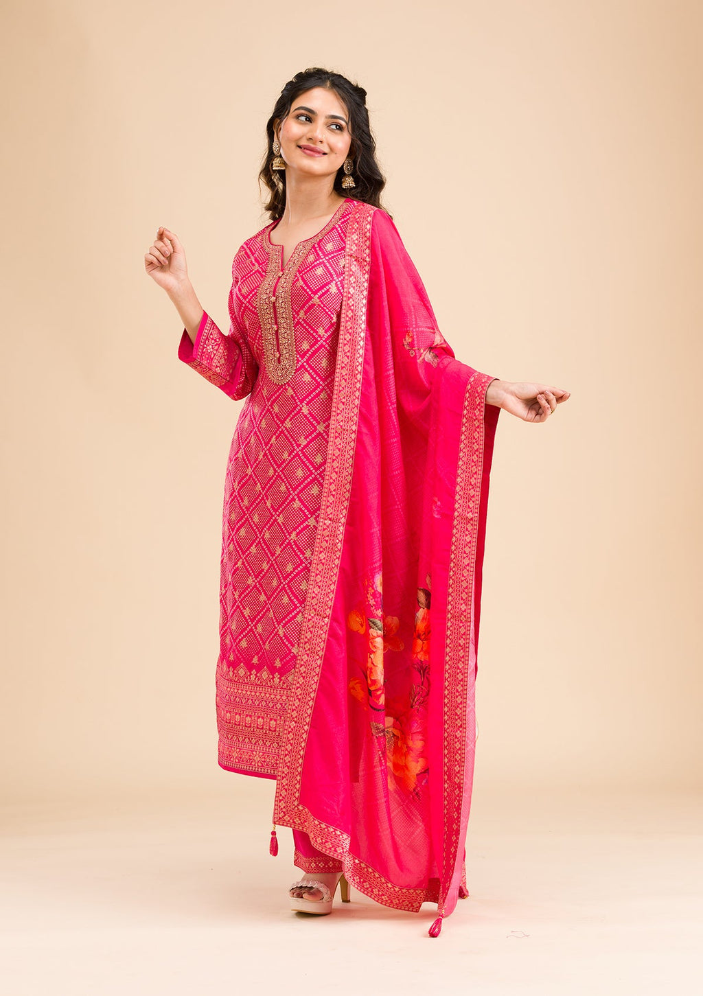 Rani Pink Zariwork Semi Crepe Readymade Salwar Suit