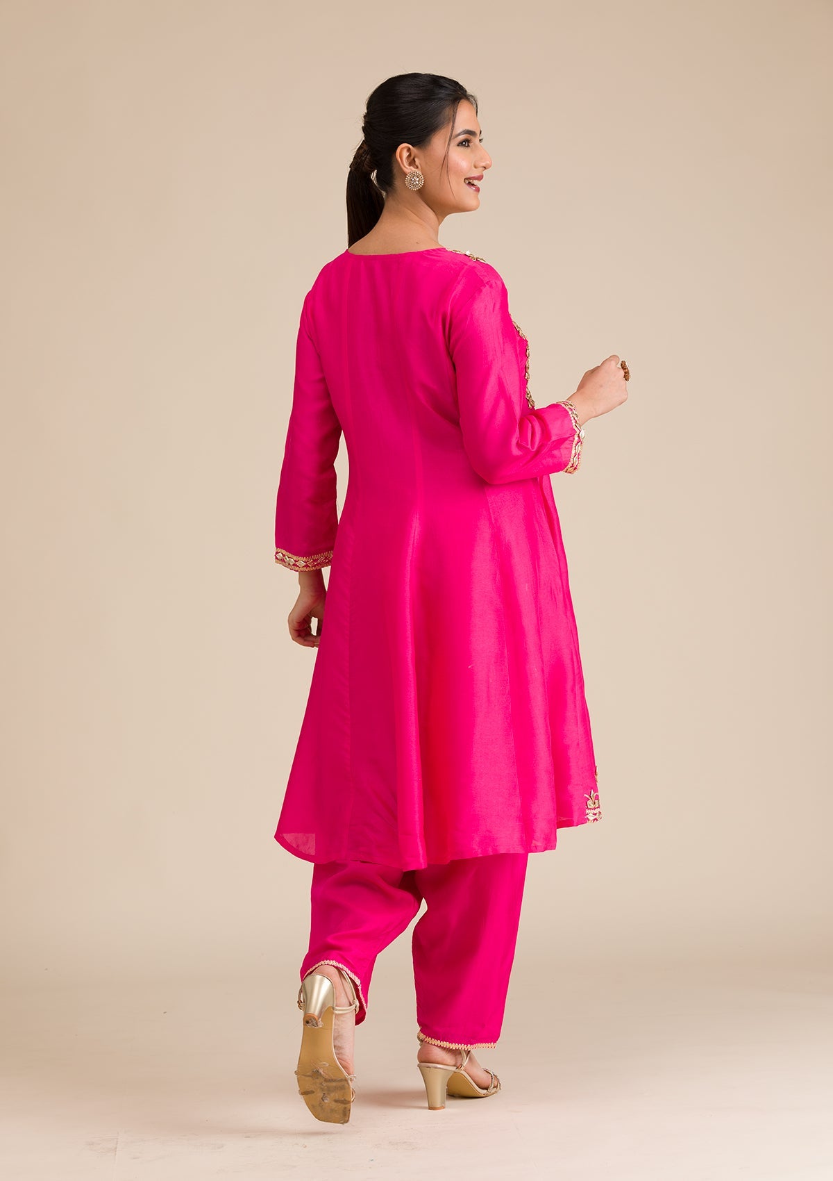 Rani Pink Zariwork Semi Crepe Readymade Salwar Suit