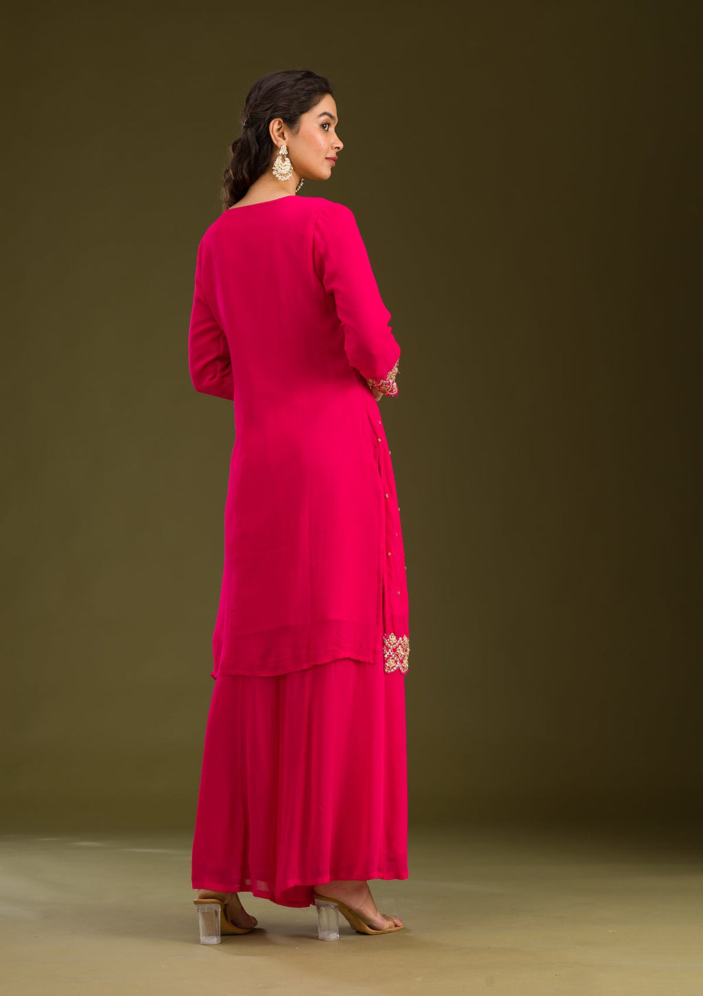 Rani Pink Zariwork Semi Crepe Readymade Salwar Suit
