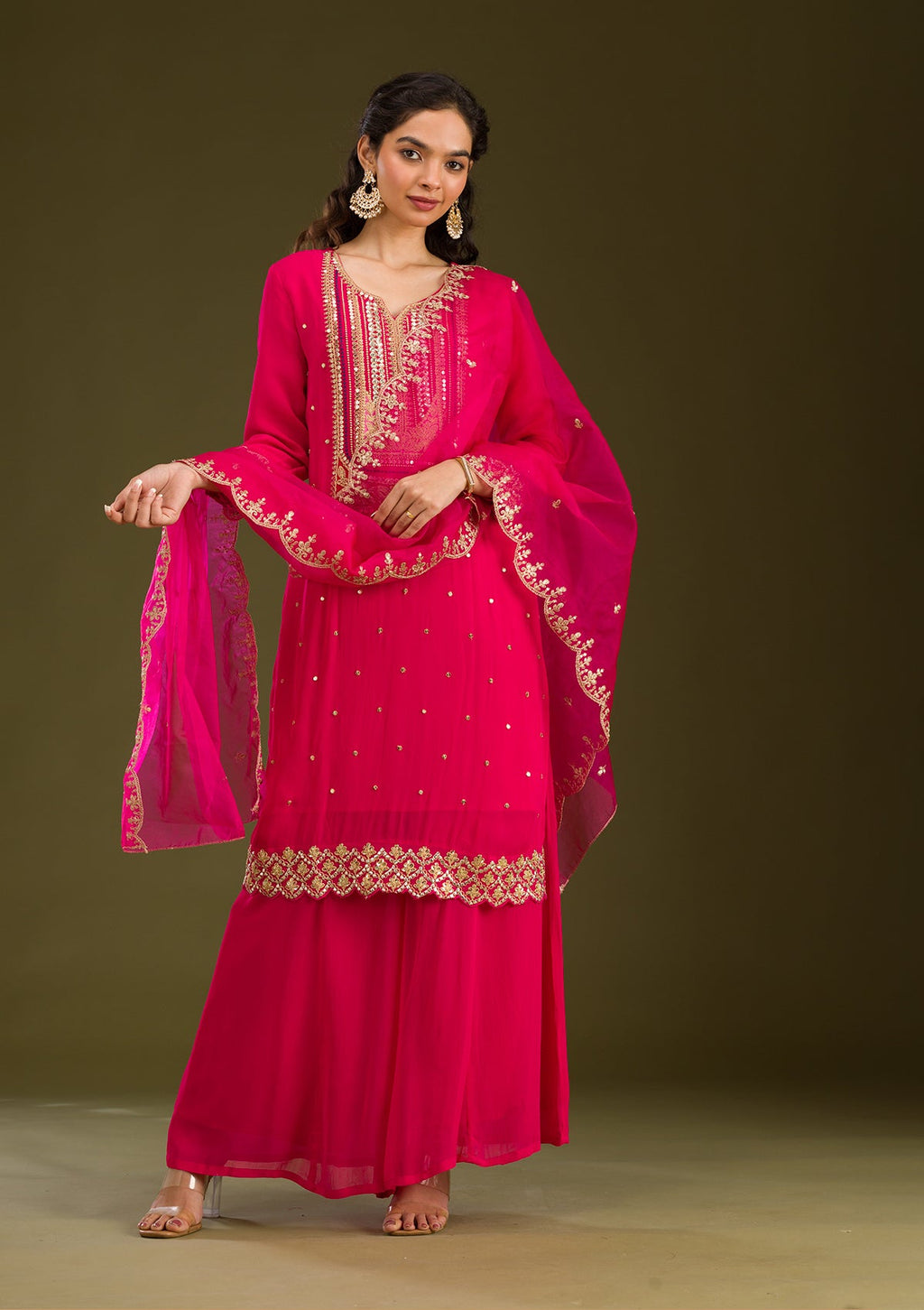 Rani Pink Zariwork Semi Crepe Readymade Salwar Suit