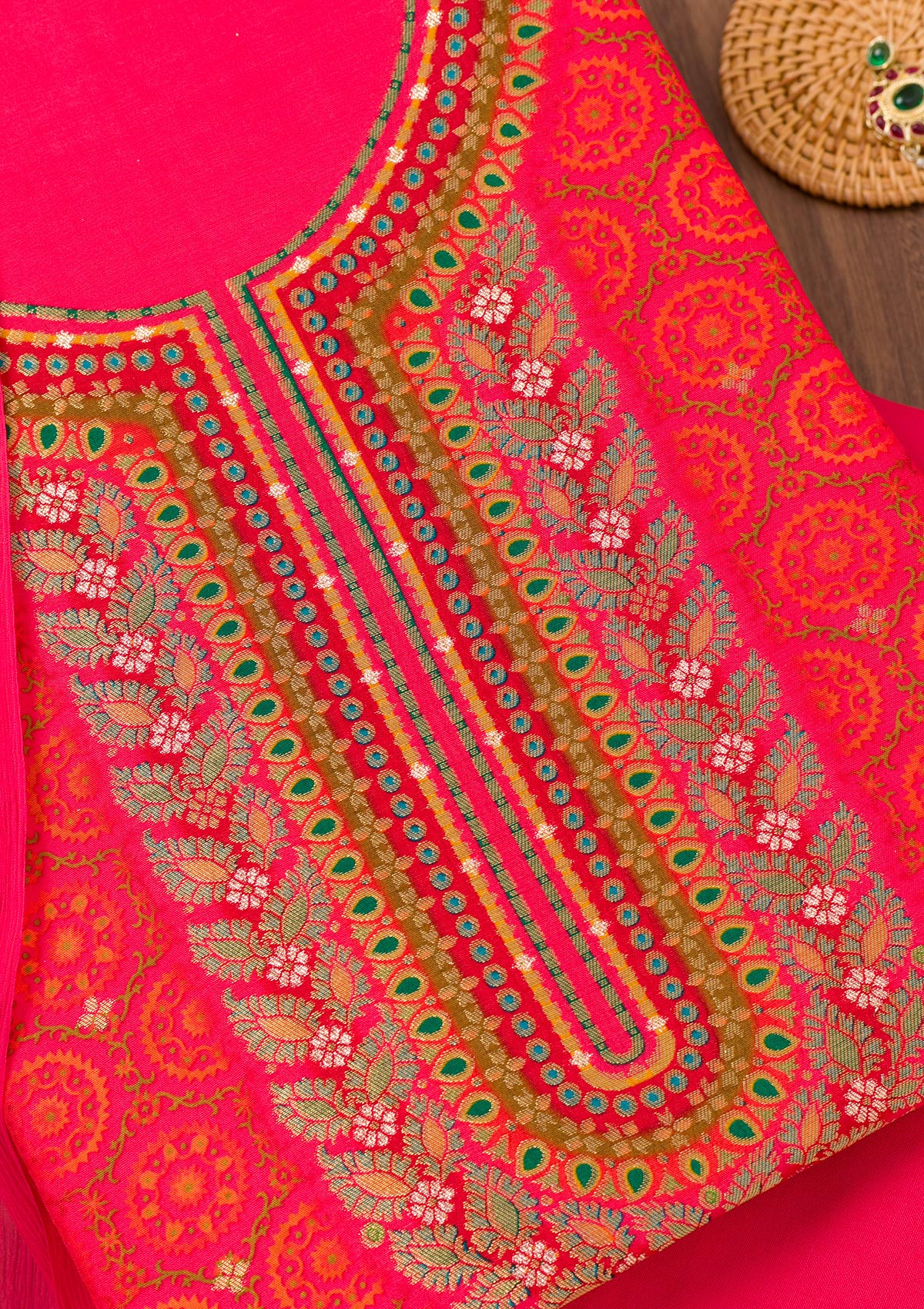Rani Pink Zariwork Semi Crepe Unstitched Salwar Suit