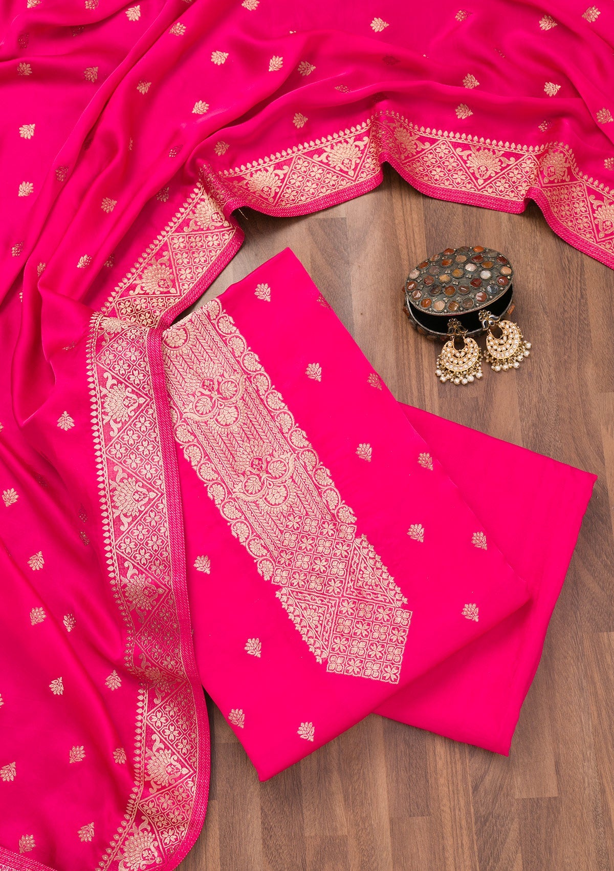 Rani Pink Zariwork Semi Crepe Unstitched Salwar Suit