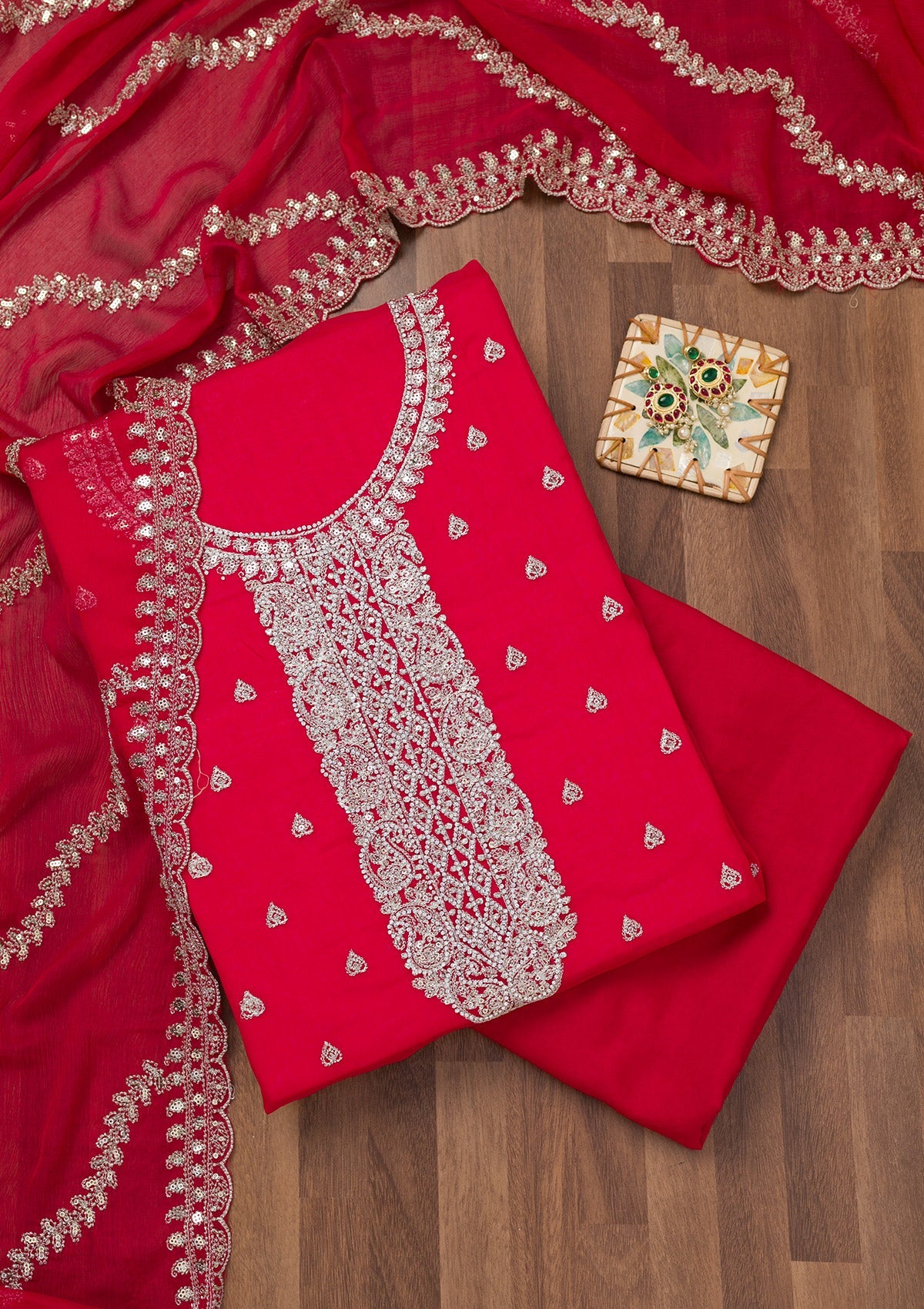 Rani Pink Zariwork Semi Crepe Unstitched Salwar Suit