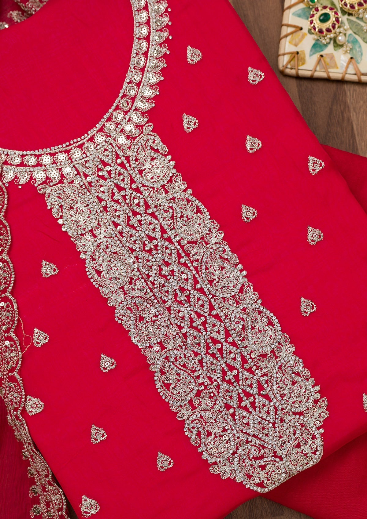Rani Pink Zariwork Semi Crepe Unstitched Salwar Suit