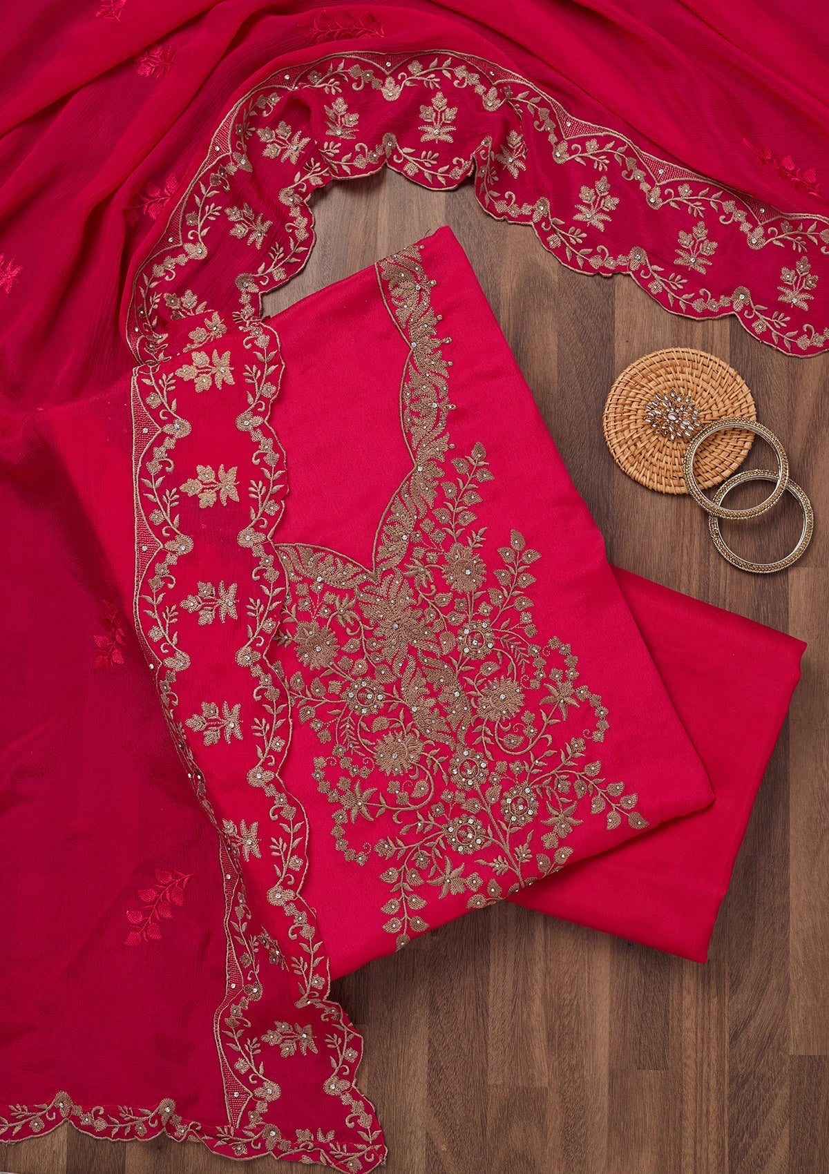 Rani Pink Zariwork Semi Crepe Unstitched Salwar Suit