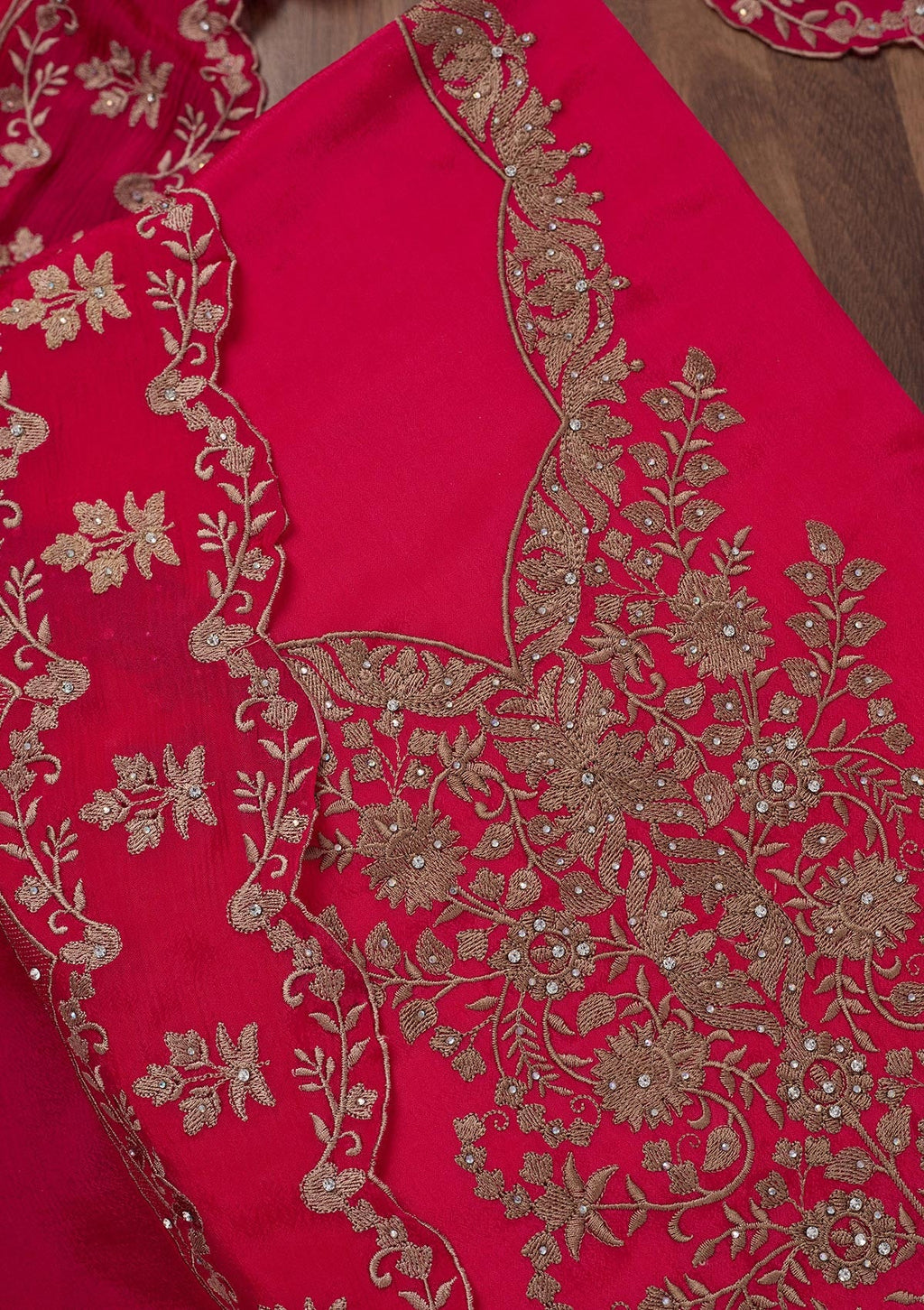Rani Pink Zariwork Semi Crepe Unstitched Salwar Suit