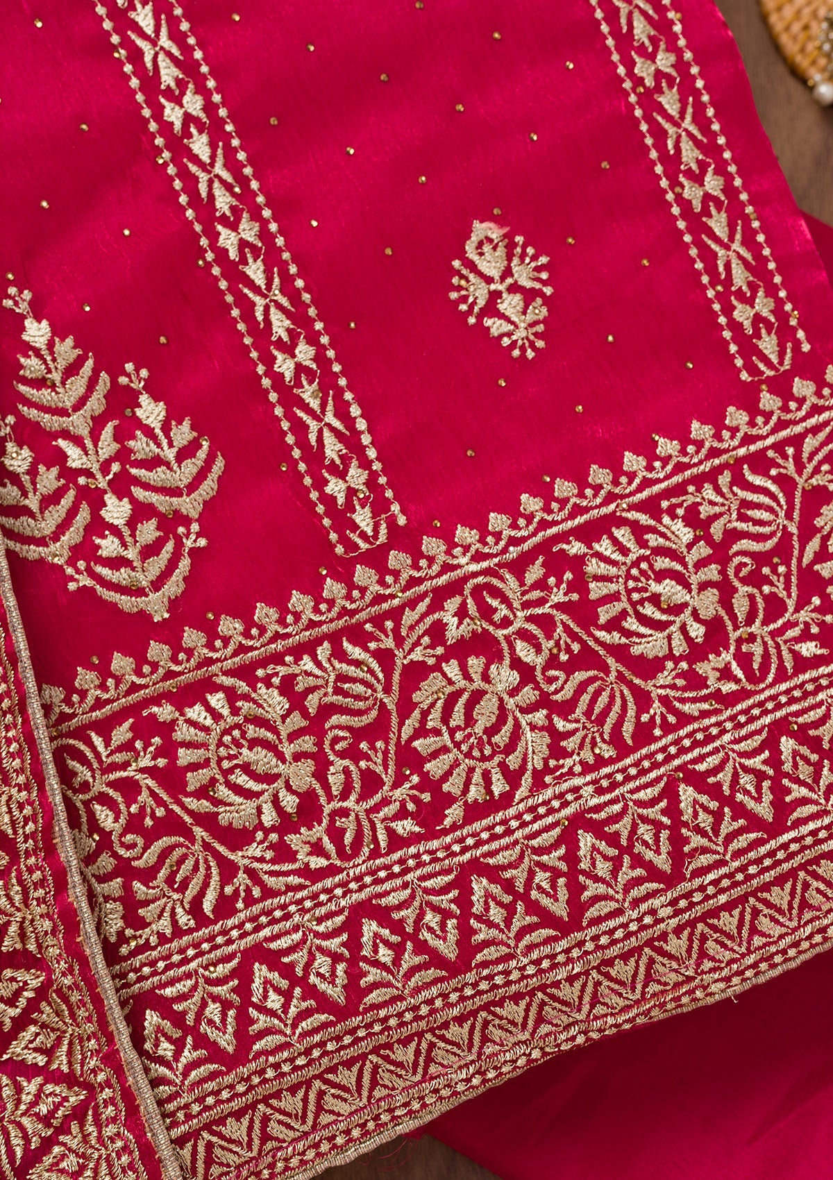 Rani Pink Zariwork Semi Crepe Unstitched Salwar Suit