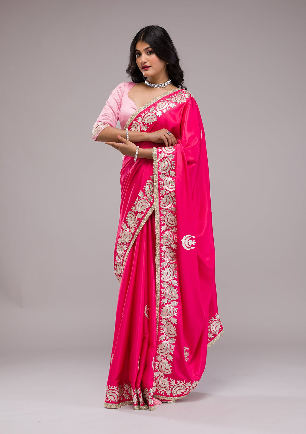 Rani Pink Zariwork Semi Crepe Saree