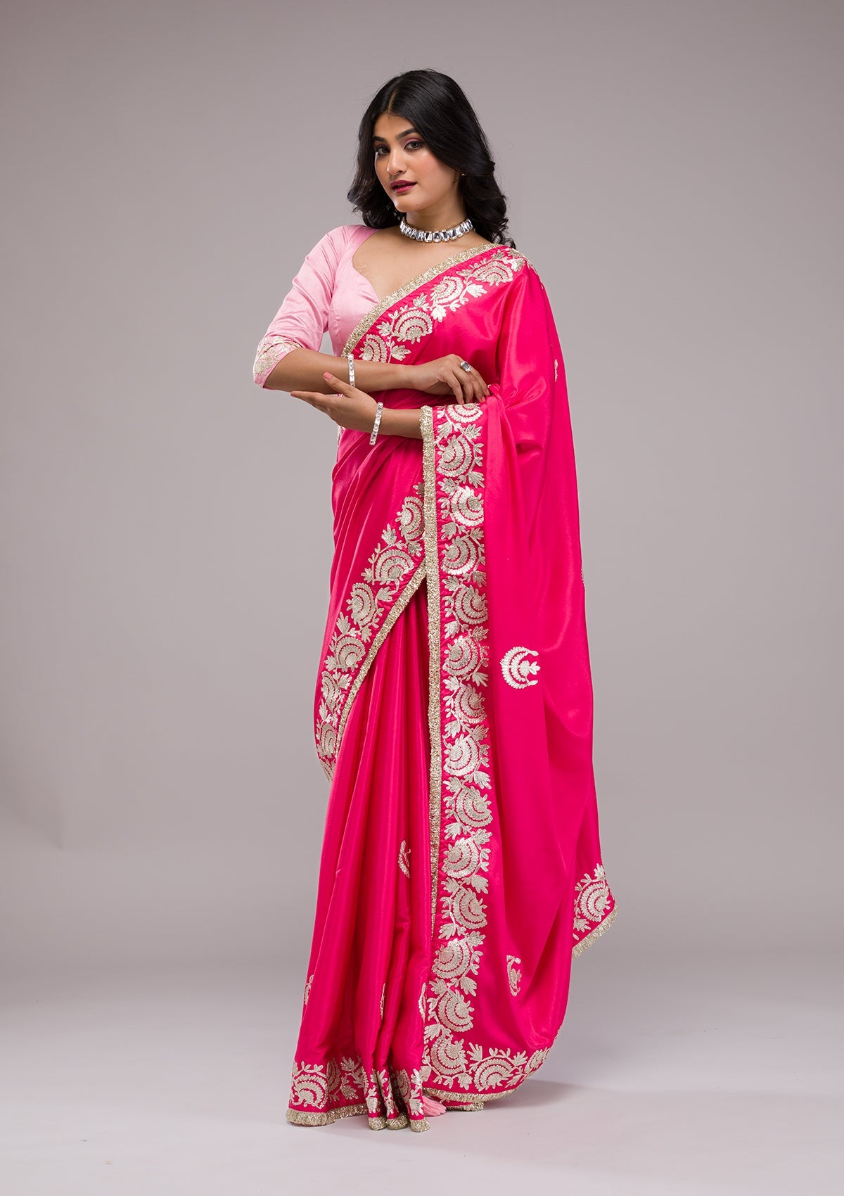 Rani Pink Zariwork Semi Crepe Saree