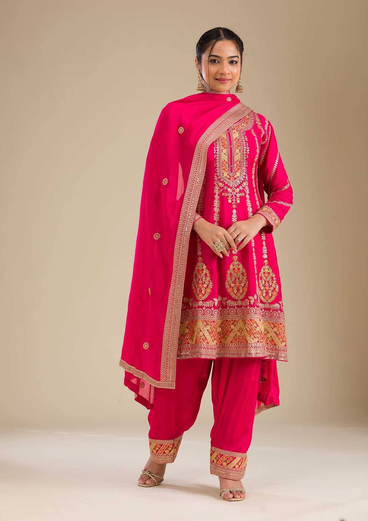 Rani Pink Zariwork Tissue Readymade Salwar Suit