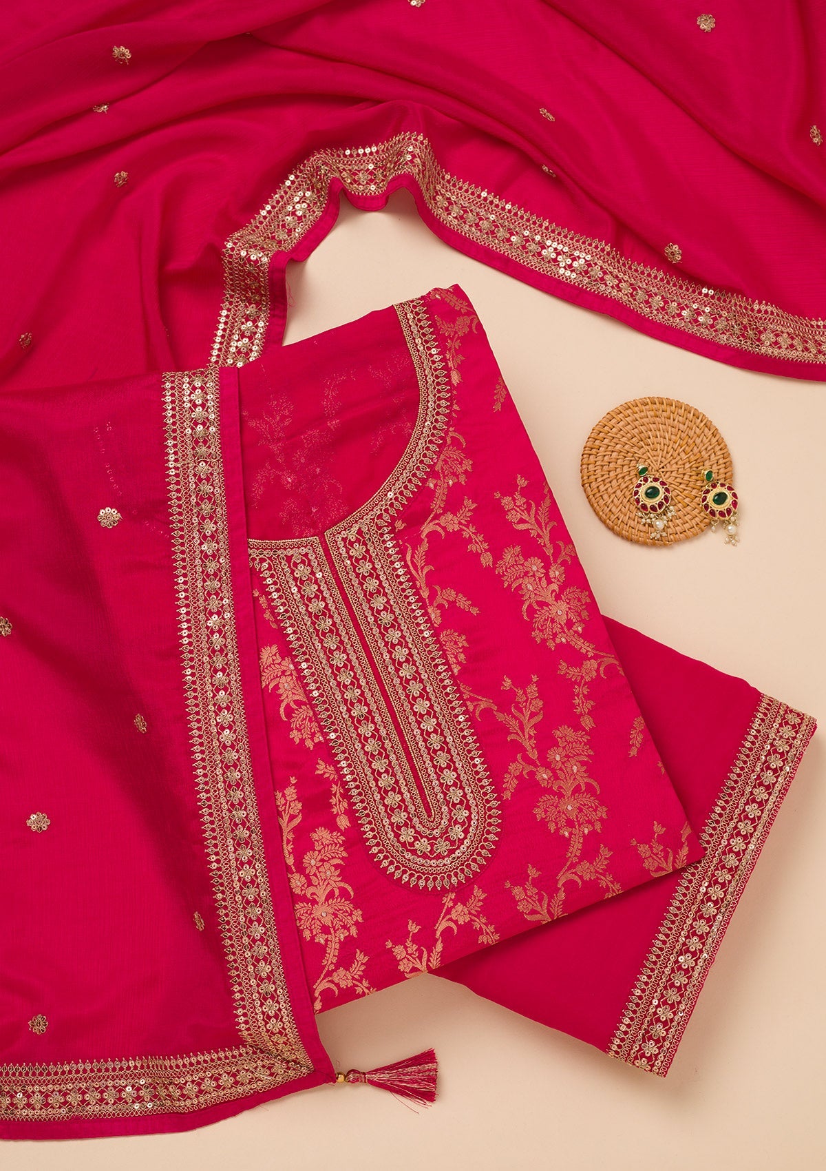 Rani Pink Zariwork Tissue Unstitched Salwar Suit