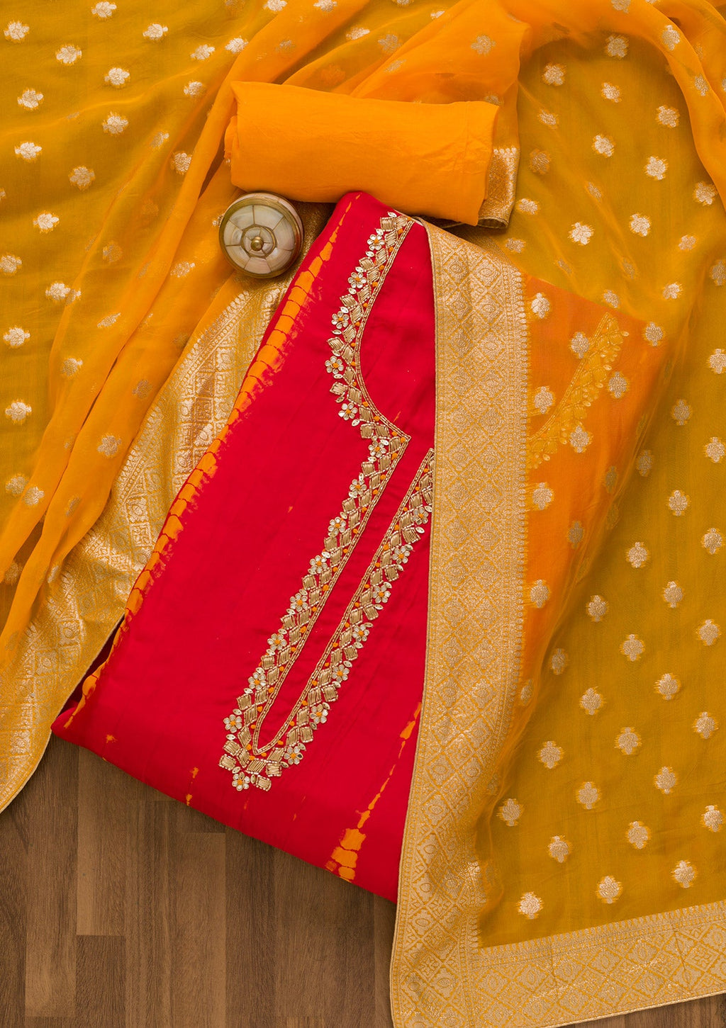 Red Cutdana Semi Crepe Unstitched Salwar Suit
