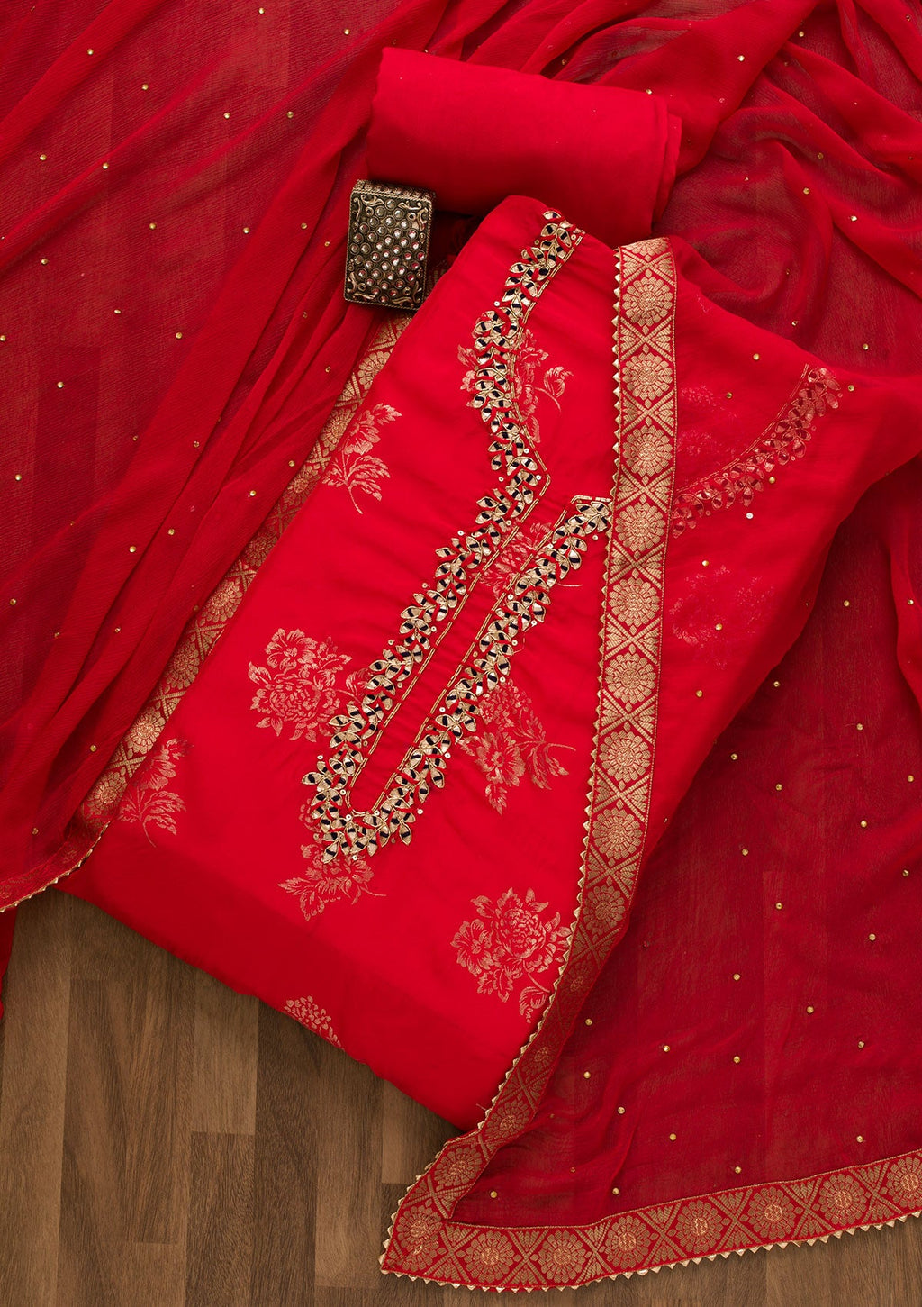 Red Gotapatti Organza Unstitched Salwar Suit