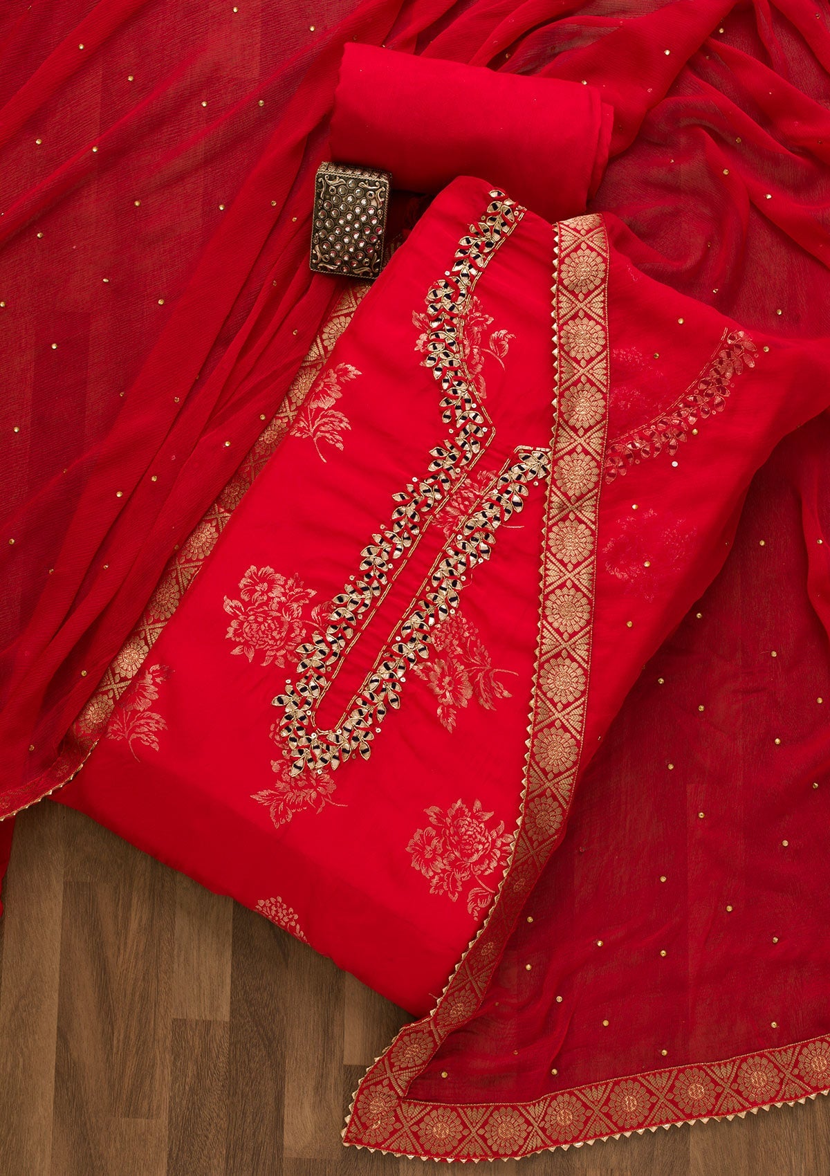 Red Gotapatti Organza Unstitched Salwar Suit